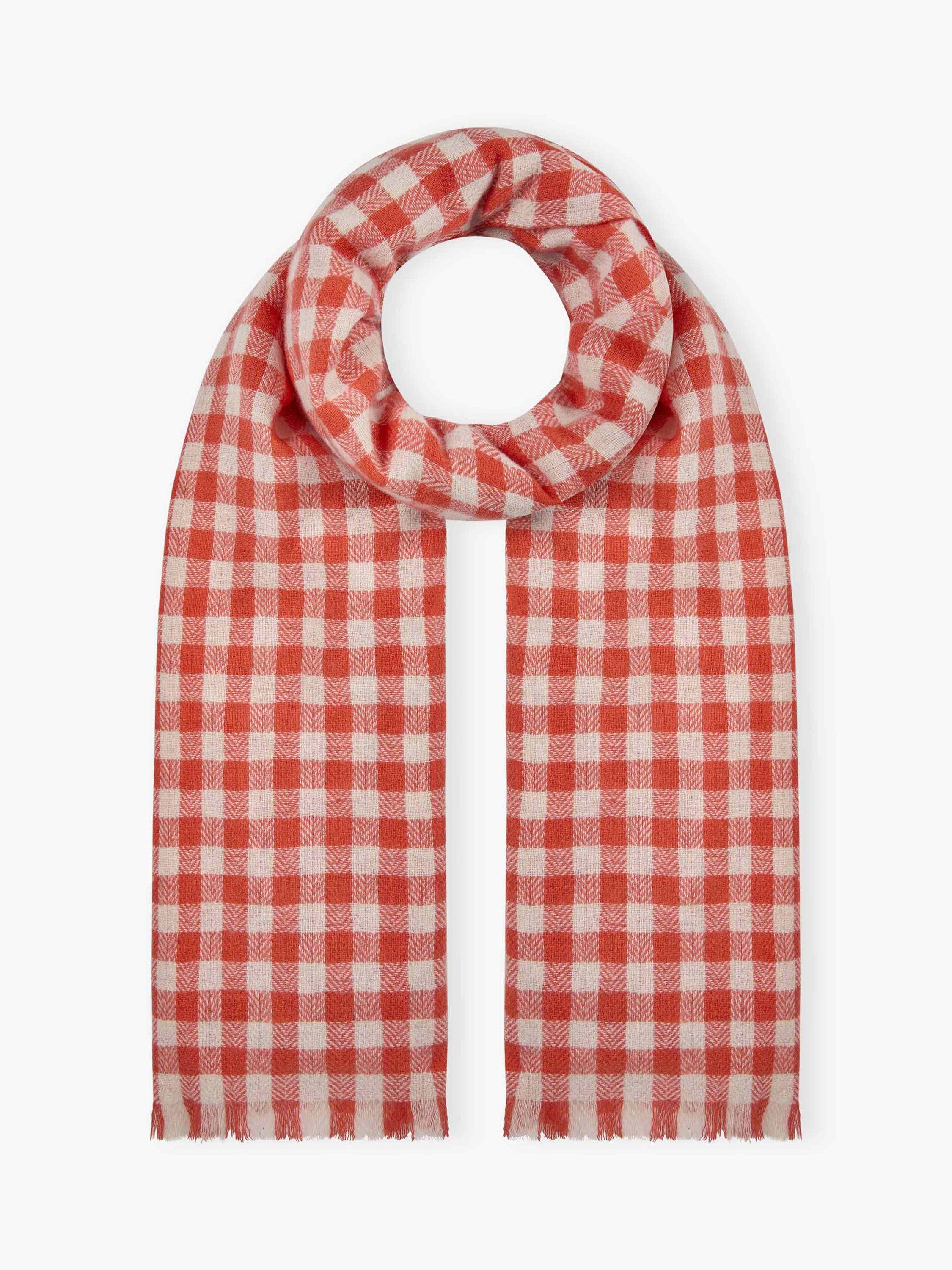 Brora Gingham Pure Cashmere Stole, Clementine & White