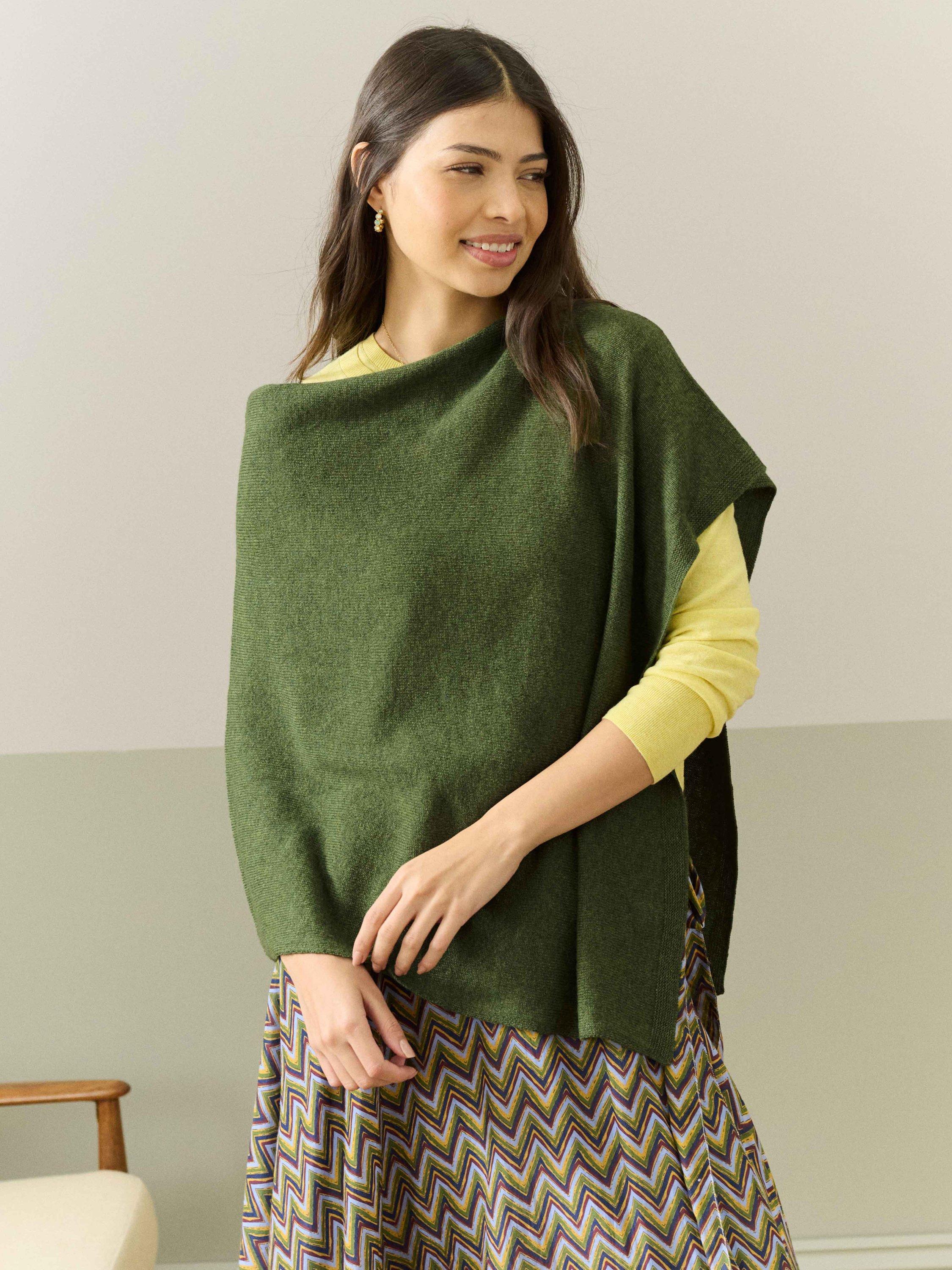 Product image 3 of 5, which shows Brora Gauzy Pure Cashmere Poncho, Tarragon, One Size