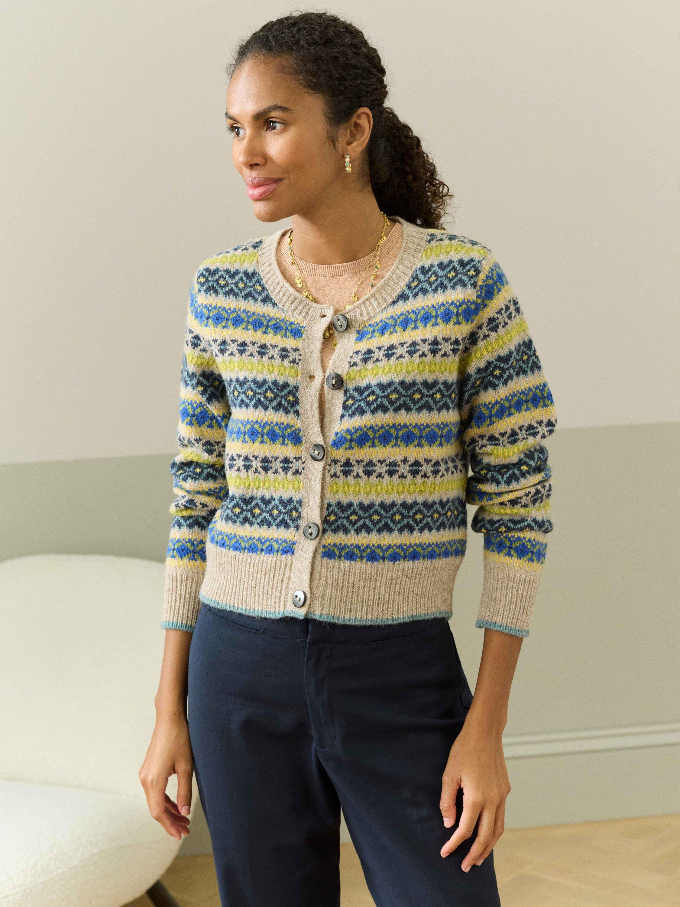 Brora Fair Isle Pure Wool Cardigan, Oatmeal