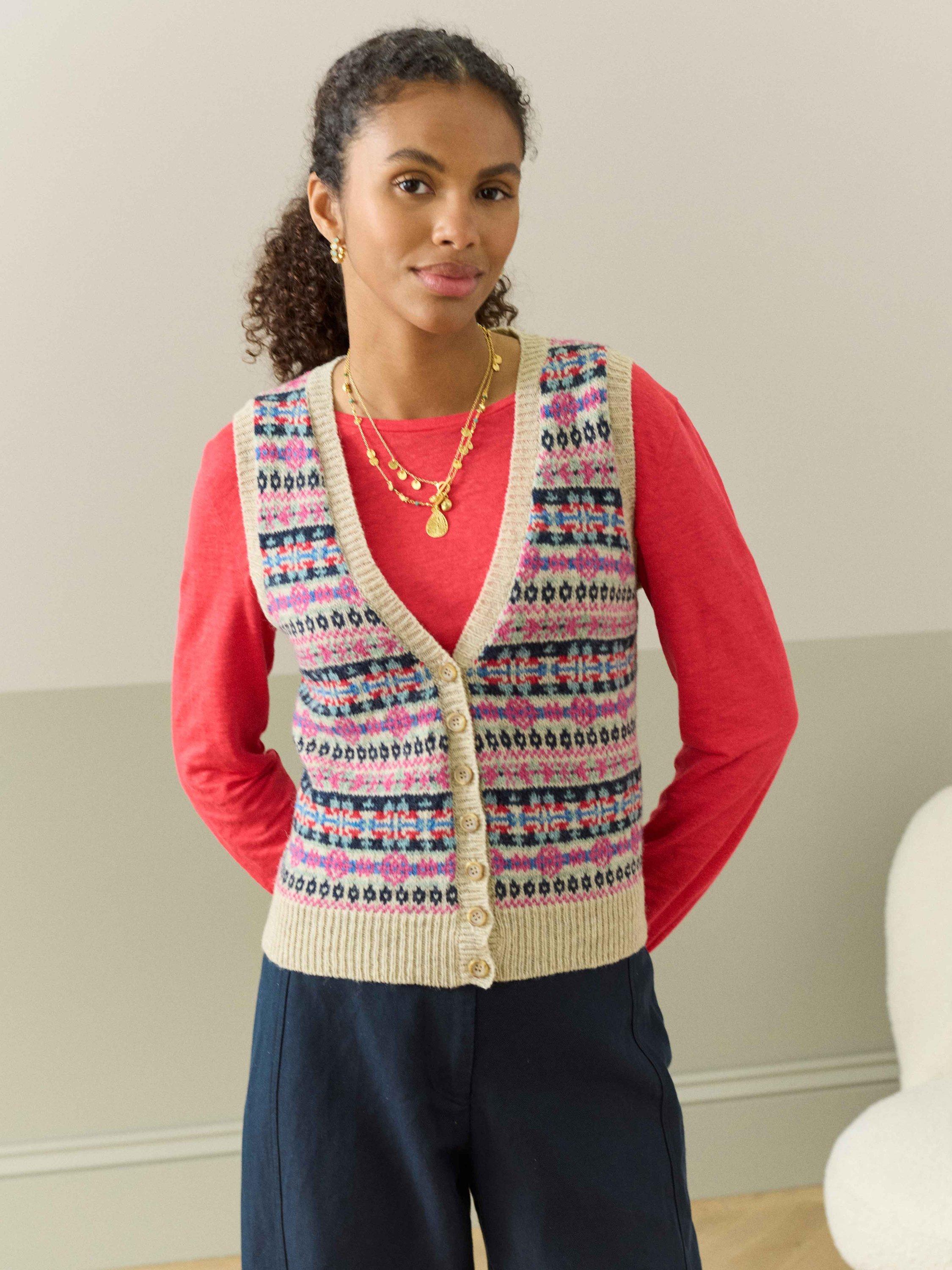 Brora Fair Isle Pure Wool Sleeveless Cardigan, Nougat