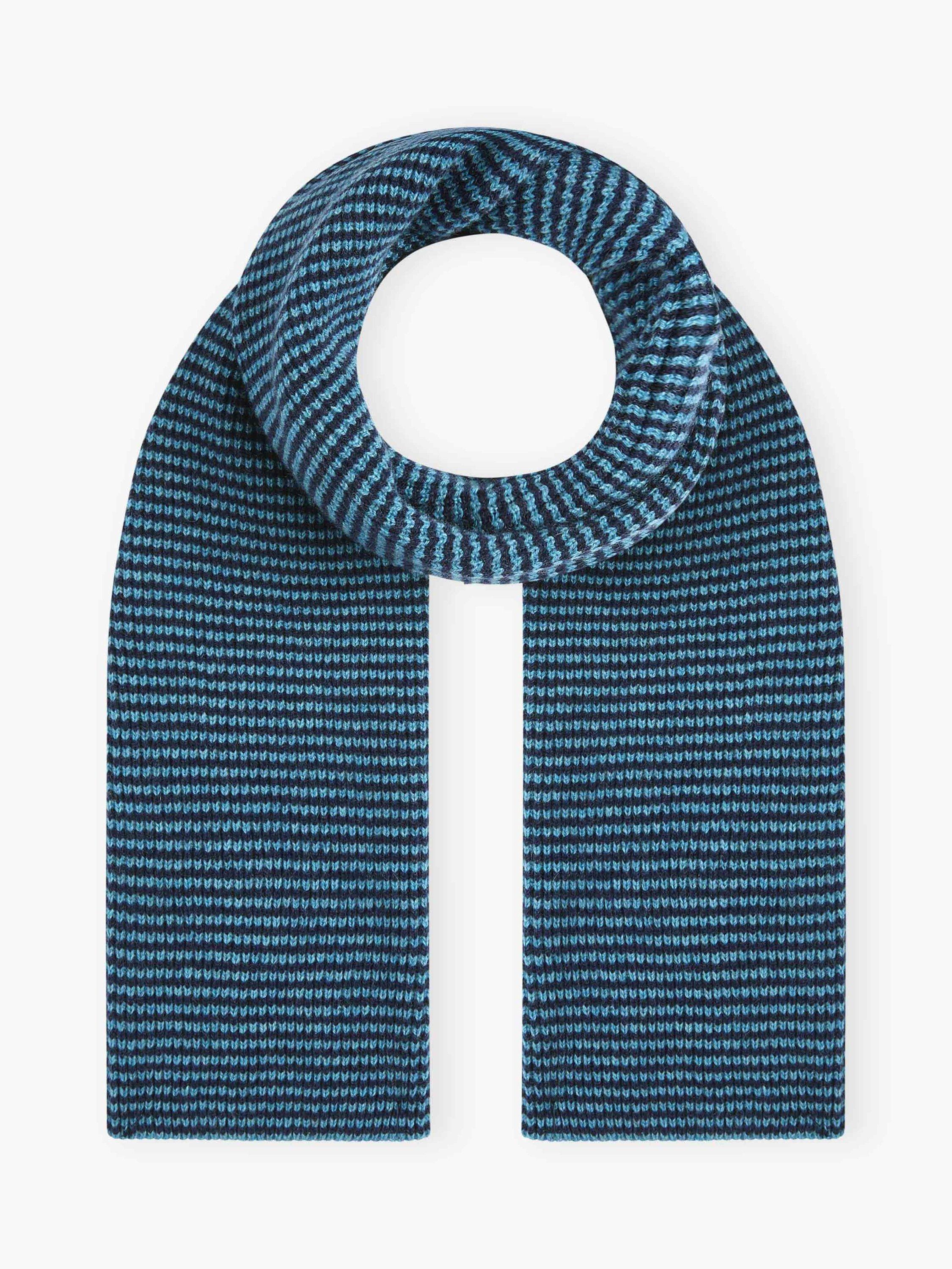 Brora Stripe Fine Knit Pure Cashmere Scarf, Kingfisher & French Navy
