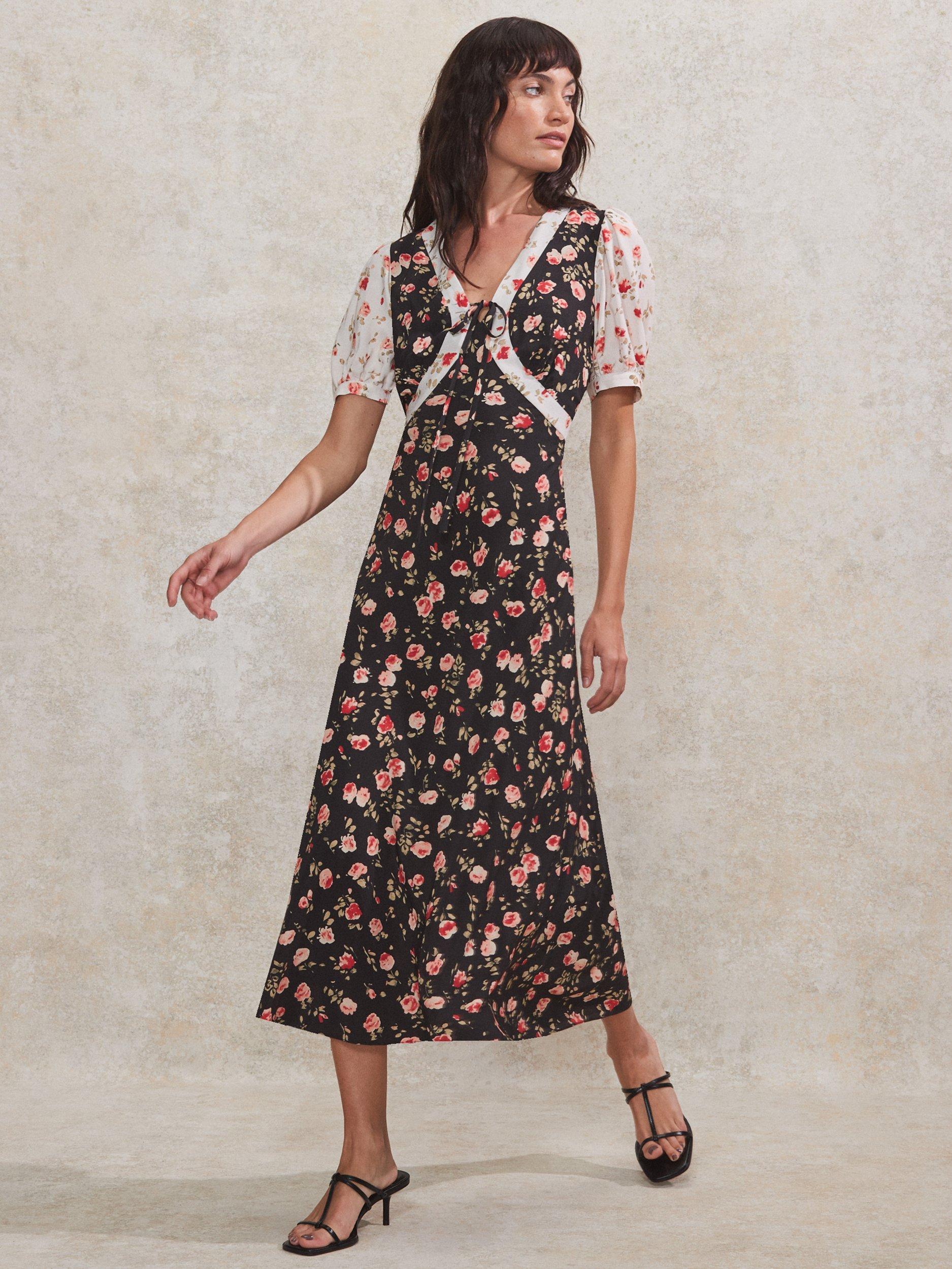 Product image 1 of 4, which shows Ro&Zo Petite Mixed Floral Ditsy Midi Dress, Black/Multi, 8