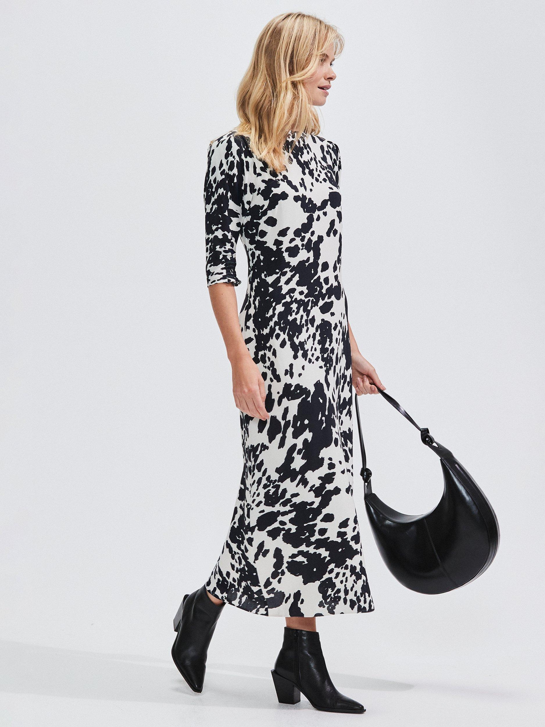 Product image 1 of 4, which shows Ro&Zo Monochrome Abstract Spot Puff Sleeve Dress, Black/White, 6
