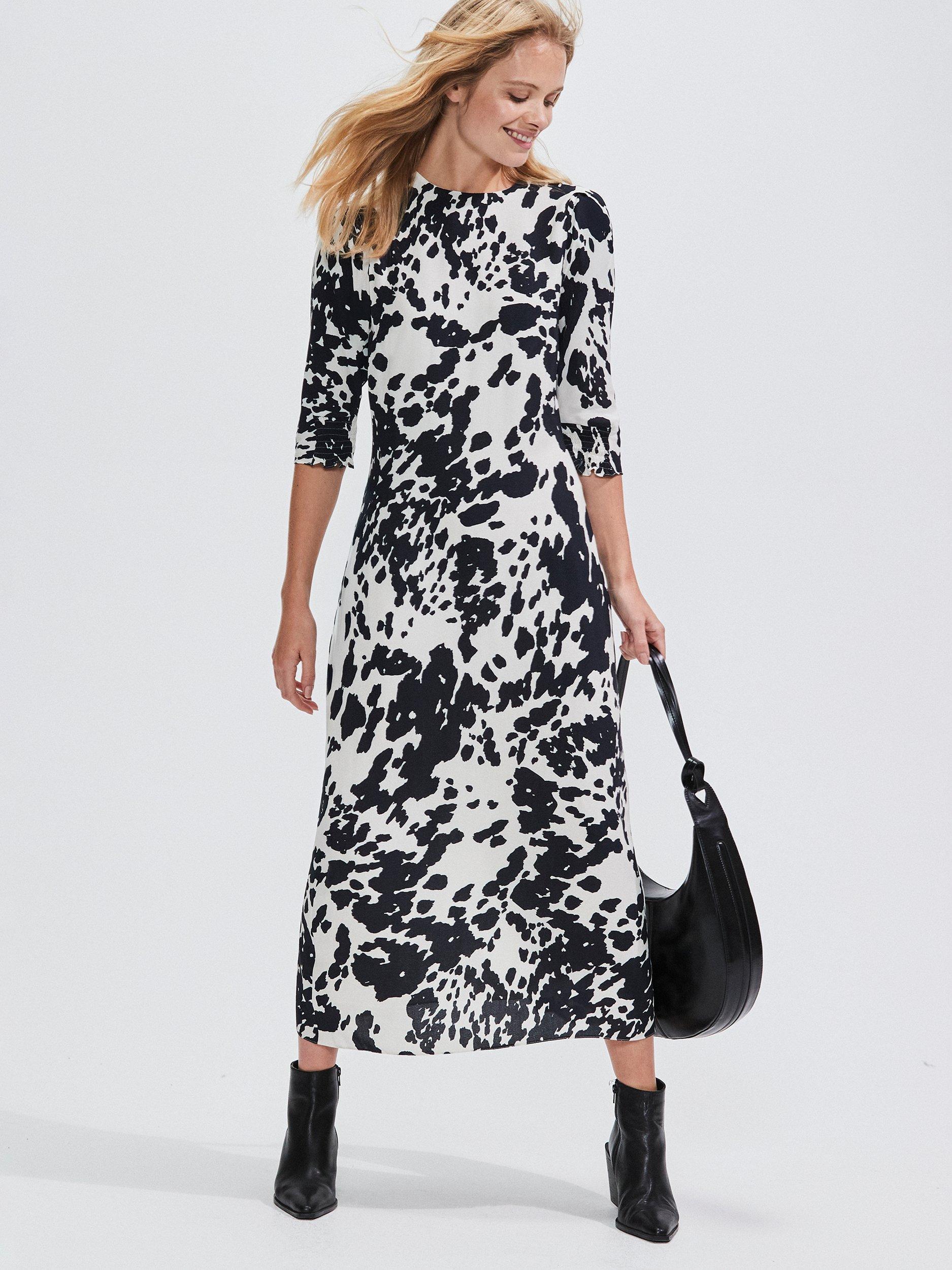 Product image 3 of 4, which shows Ro&Zo Petite Abstract Spot Puff Sleeve Midi Dress, Black/White, 10