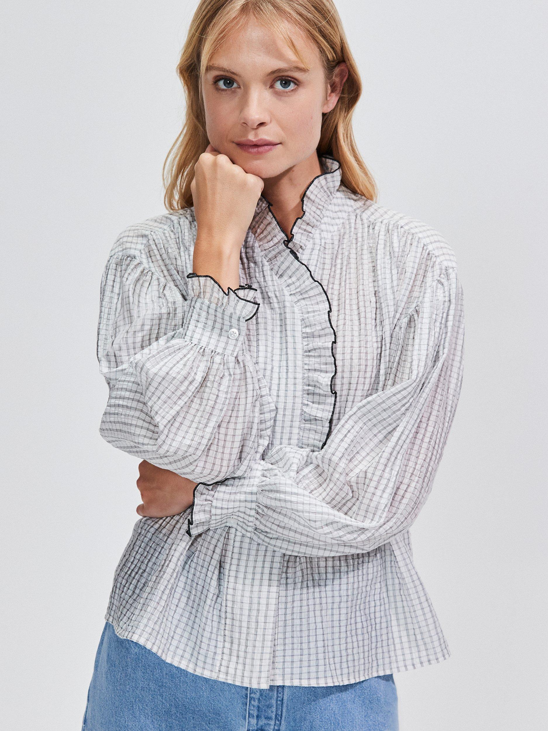 Product image 1 of 4, which shows Ro&Zo Check Print Frill Detail Shirt, White, 10