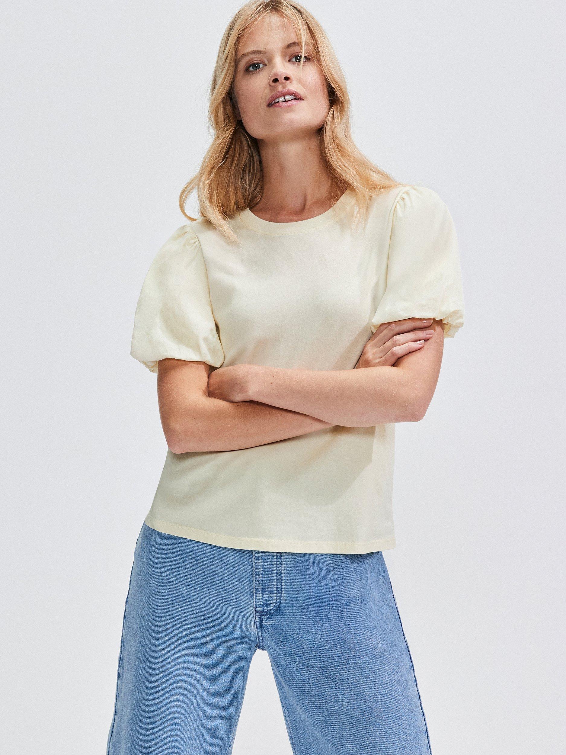 Product image 1 of 4, which shows Ro&Zo Pure Organic Cotton Puff Sleeve T-Shirt, Yellow, XS