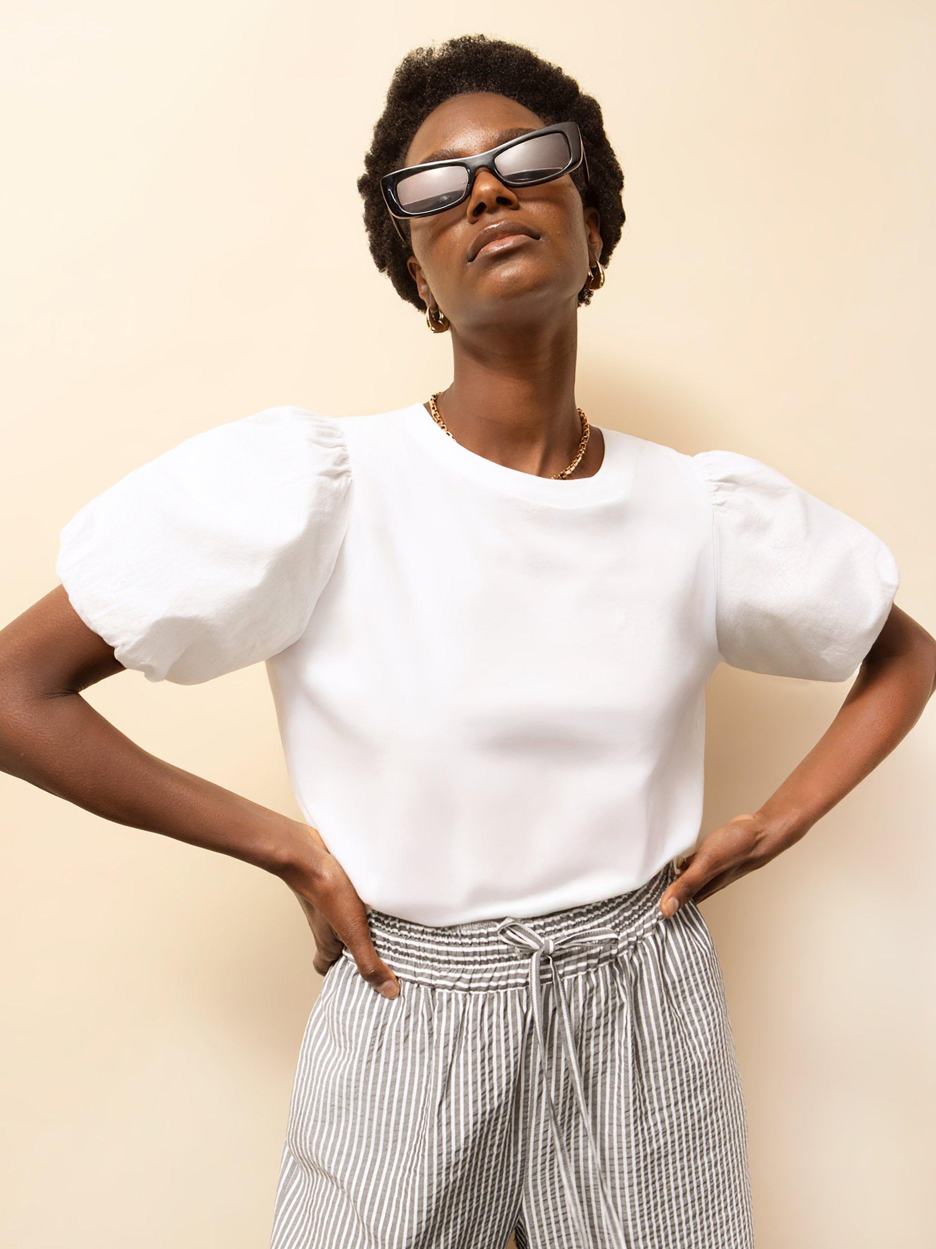 Product image 1 of 4, which shows Ro&Zo Puff Sleeve Pure Organic Cotton T-Shirt, White, XS