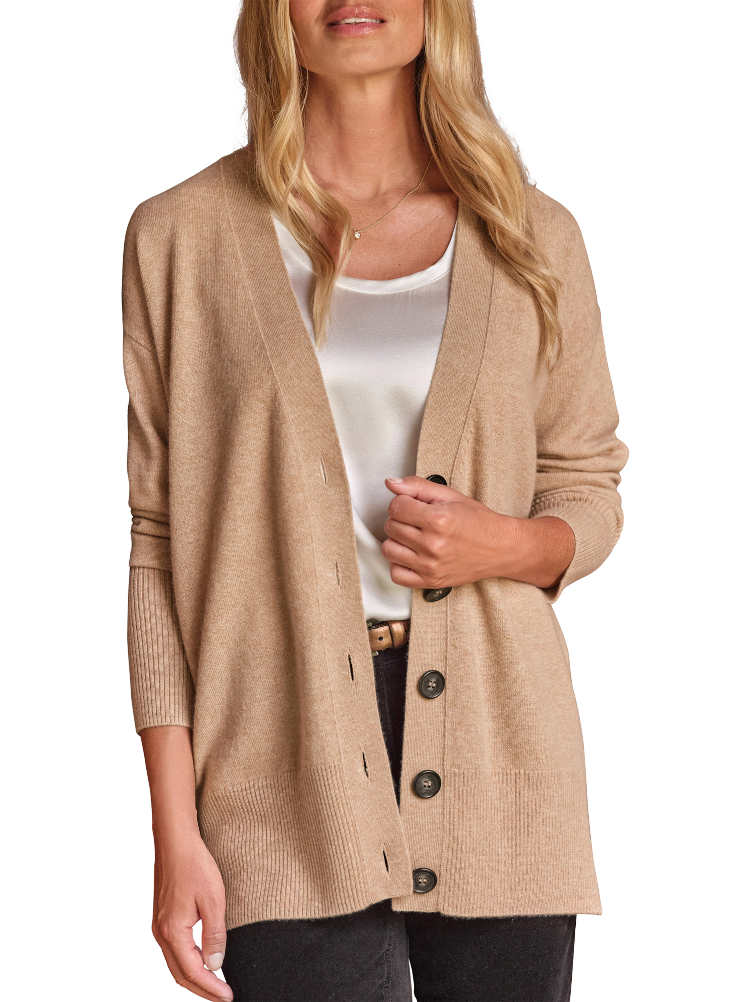 Product image 1 of 3, which shows Pure Collection Boyfriend Fit Pure Cashmere Cardigan, Camel, 8
