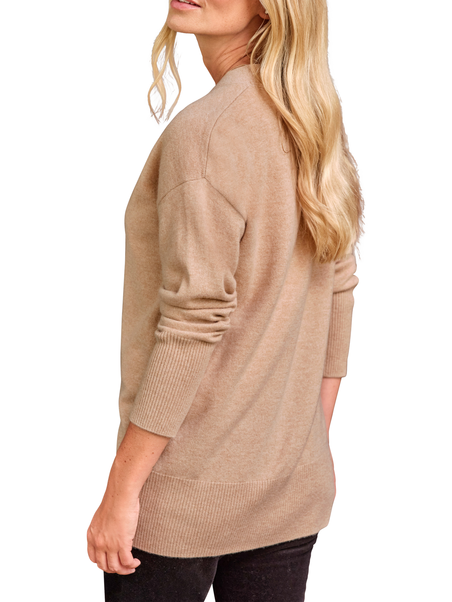 Product image 3 of 3, which shows Pure Collection Boyfriend Fit Pure Cashmere Cardigan, Camel, 8