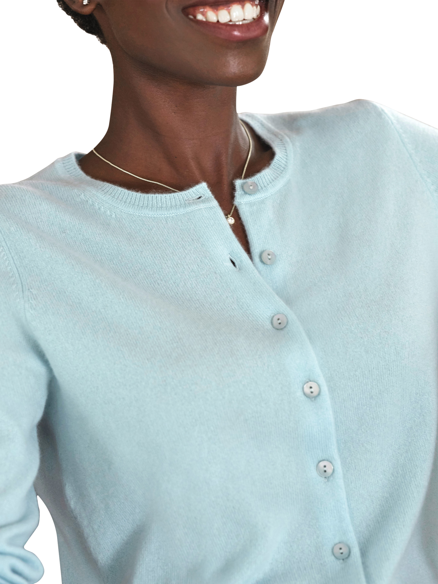 Product image 2 of 3, which shows Pure Collection Crew Neck Pure Cashmere Cardigan, Turquoise, 8
