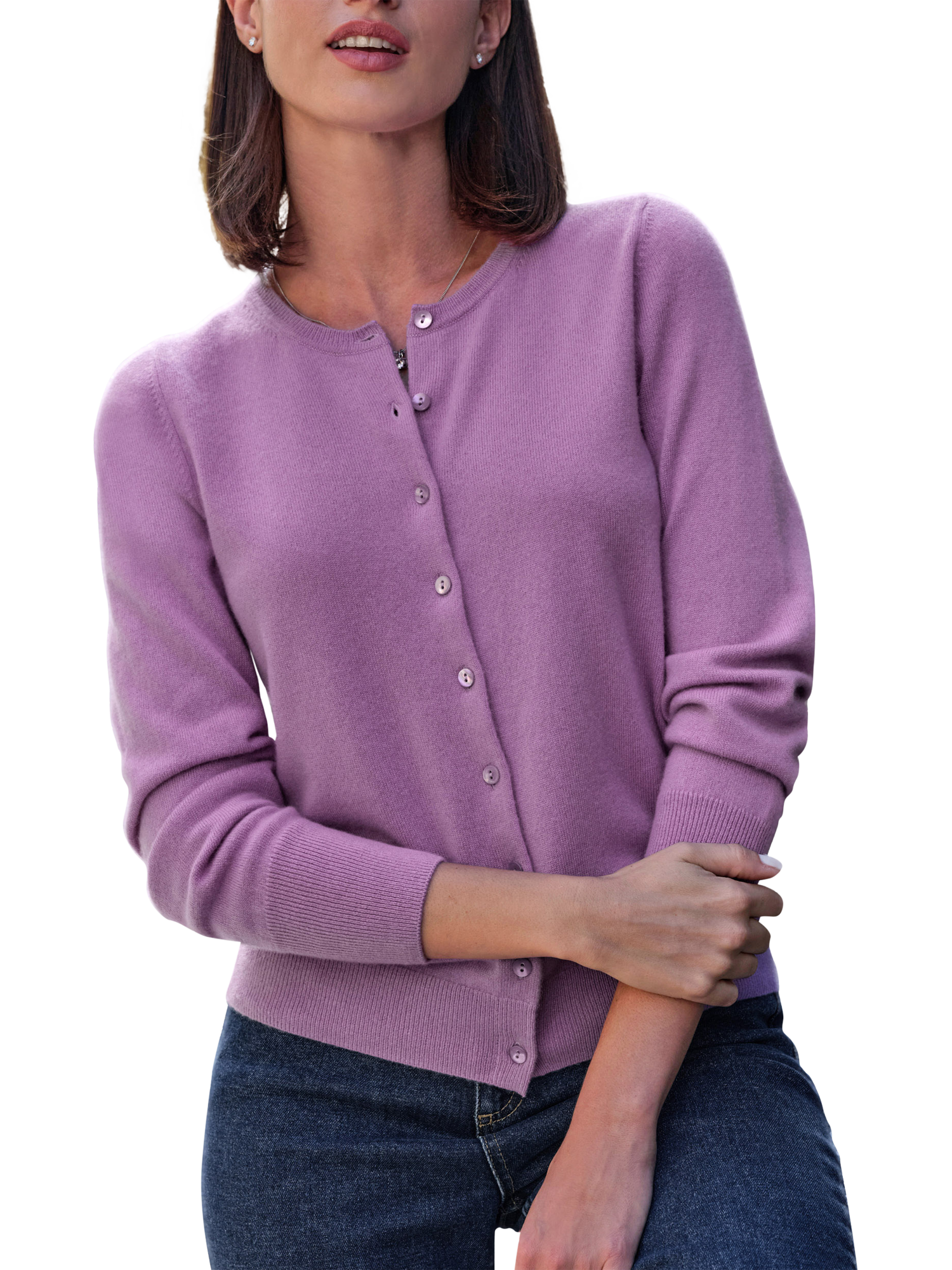 Product image 1 of 3, which shows Pure Collection Crew Neck Pure Cashmere Cardigan, Purple, 8