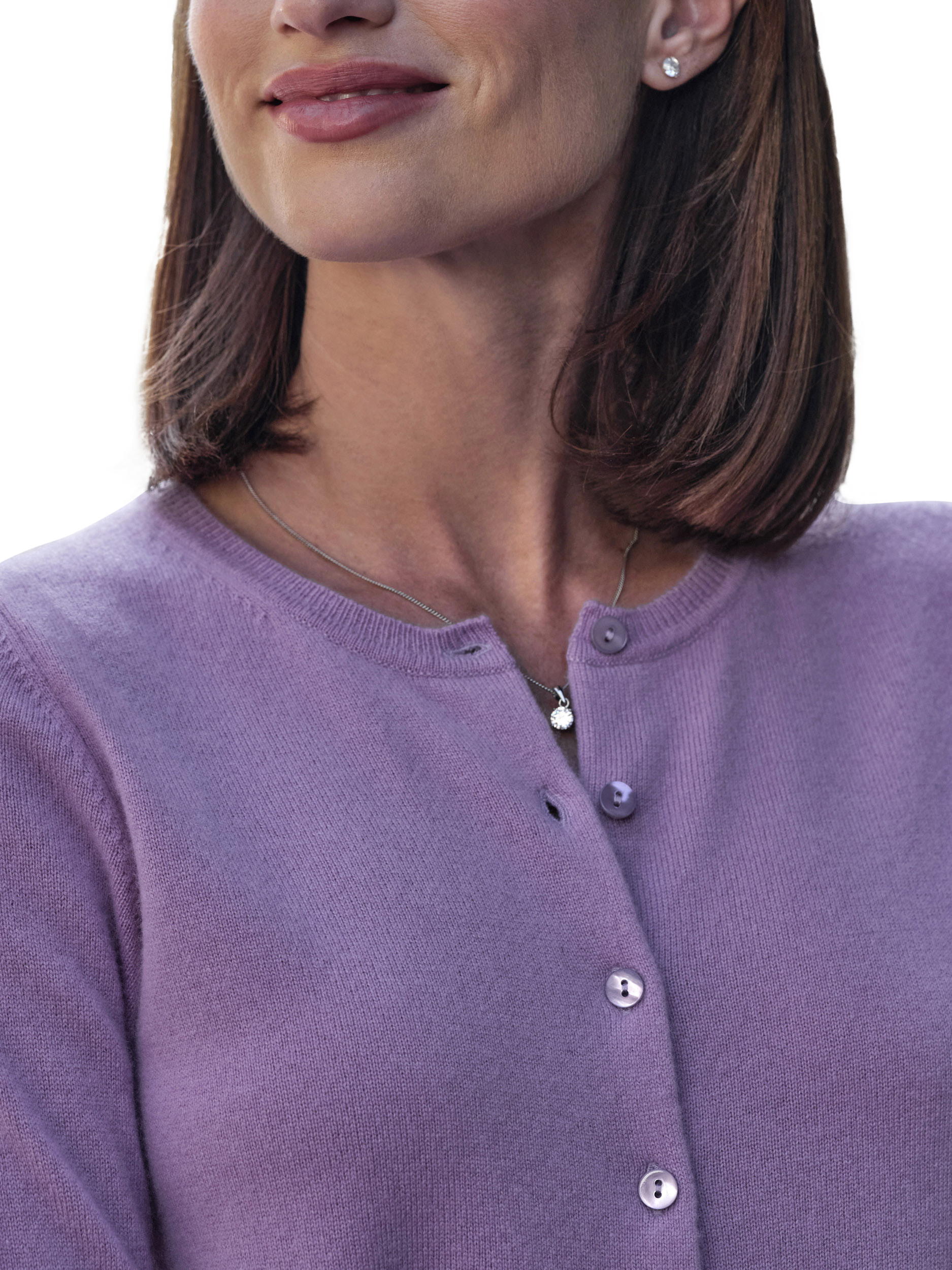 Product image 2 of 3, which shows Pure Collection Crew Neck Pure Cashmere Cardigan, Purple, 8