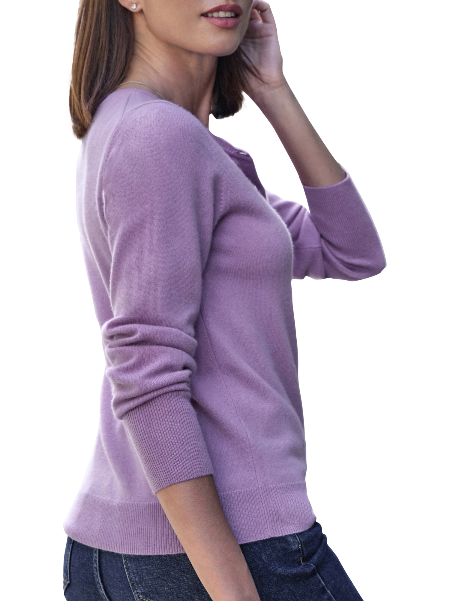 Product image 3 of 3, which shows Pure Collection Crew Neck Pure Cashmere Cardigan, Purple, 8