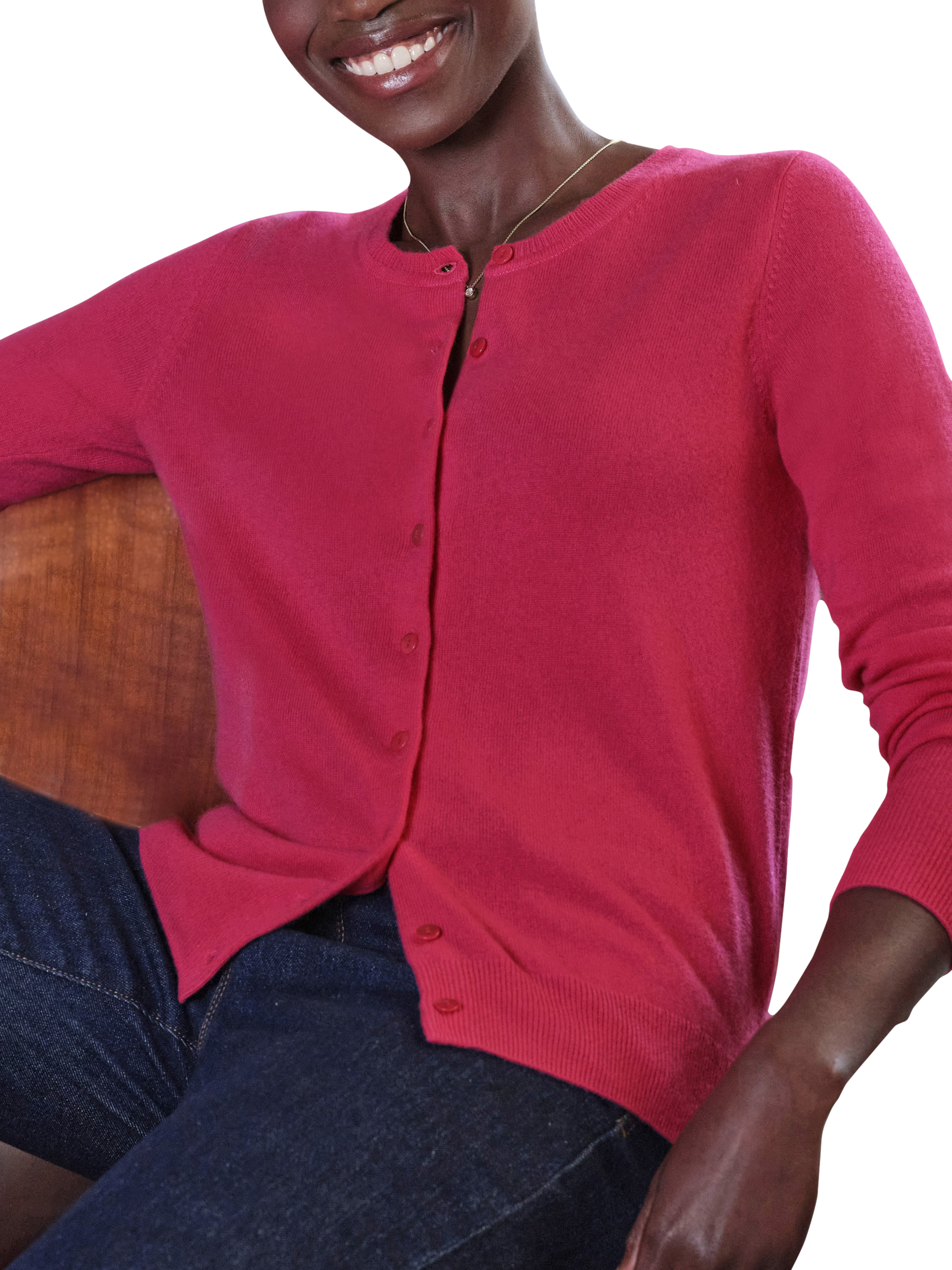 Product image 1 of 3, which shows Pure Collection Crew Neck Pure Cashmere Cardigan, Deep Azalea, 8
