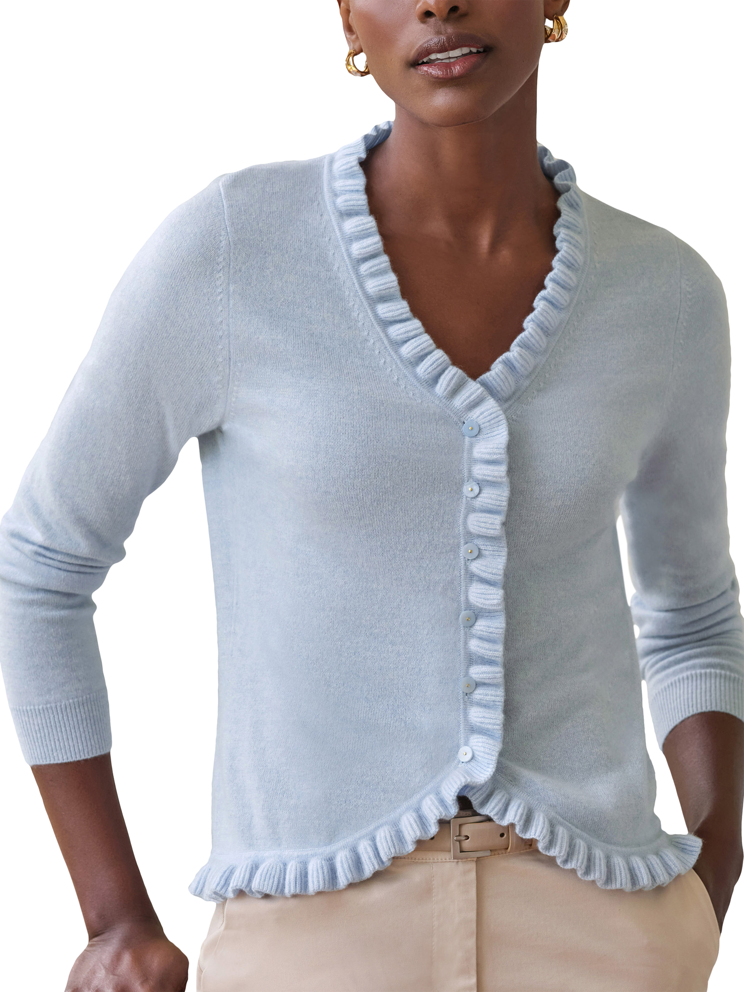 Product image 1 of 3, which shows Pure Collection Cashmere Ruffle Cardigan, Light Blue, 8