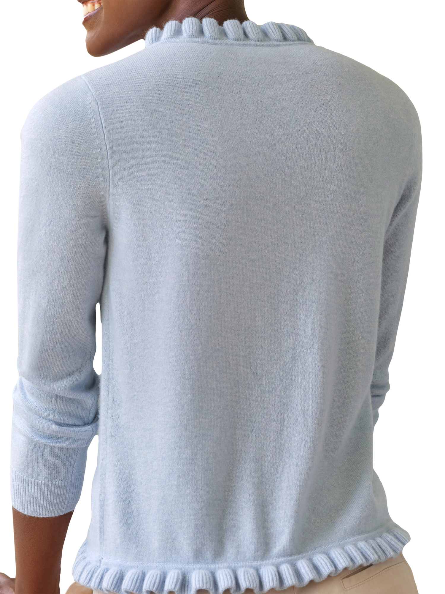 Product image 2 of 3, which shows Pure Collection Cashmere Ruffle Cardigan, Light Blue, 8