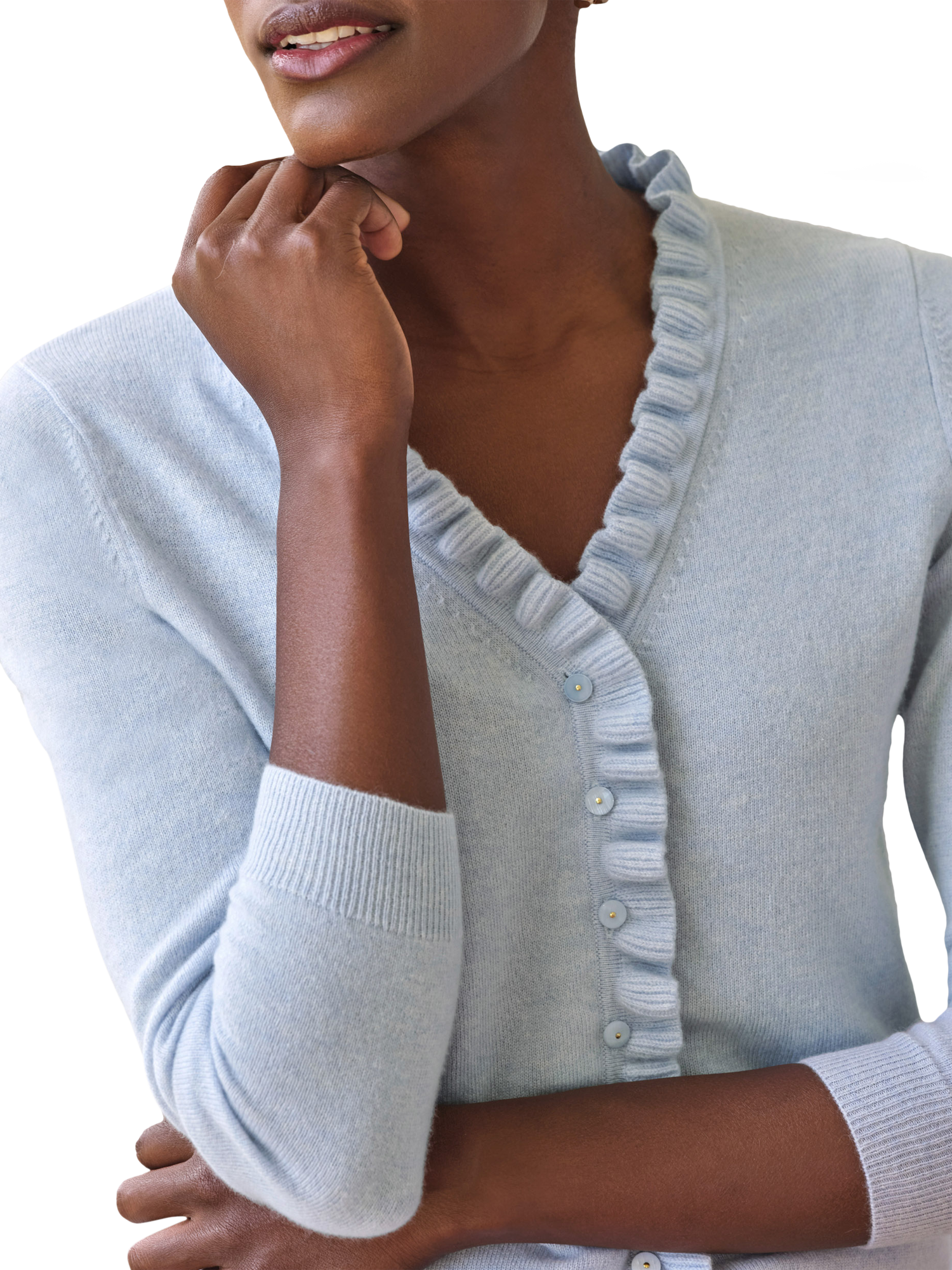 Product image 3 of 3, which shows Pure Collection Cashmere Ruffle Cardigan, Light Blue, 8