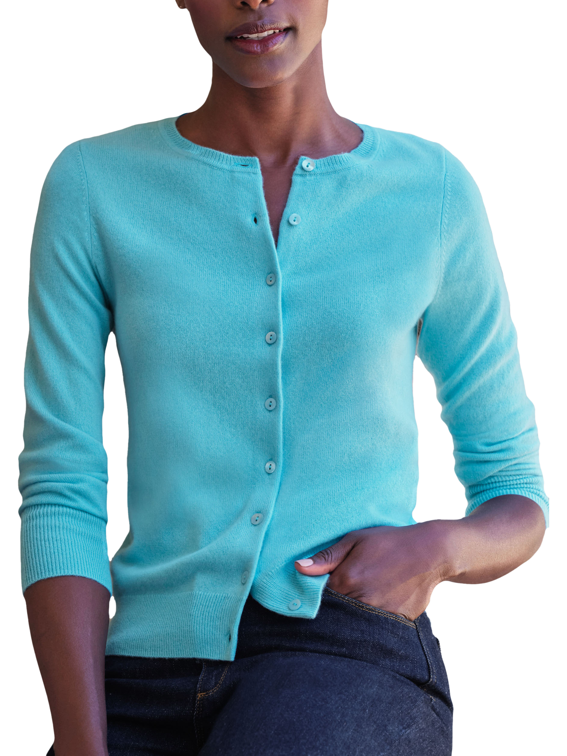 Product image 1 of 11, which shows Pure Collection Crew Neck Pure Cashmere Cardigan, Summer Blue, 8