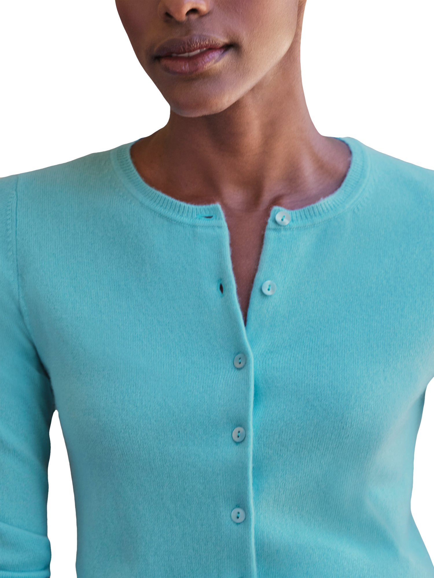 Product image 2 of 11, which shows Pure Collection Crew Neck Pure Cashmere Cardigan, Summer Blue, 8