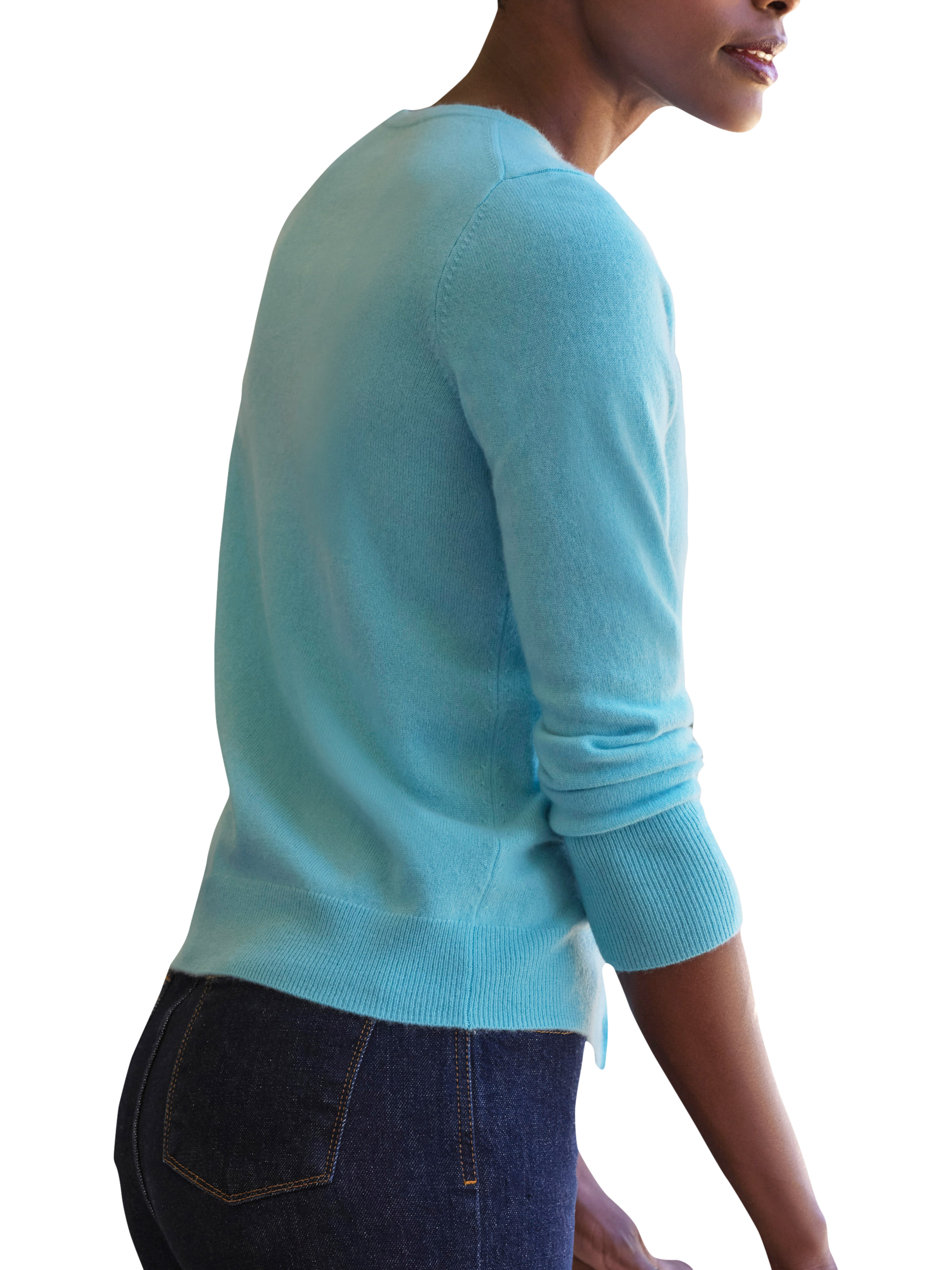 Product image 3 of 11, which shows Pure Collection Crew Neck Pure Cashmere Cardigan, Summer Blue, 8