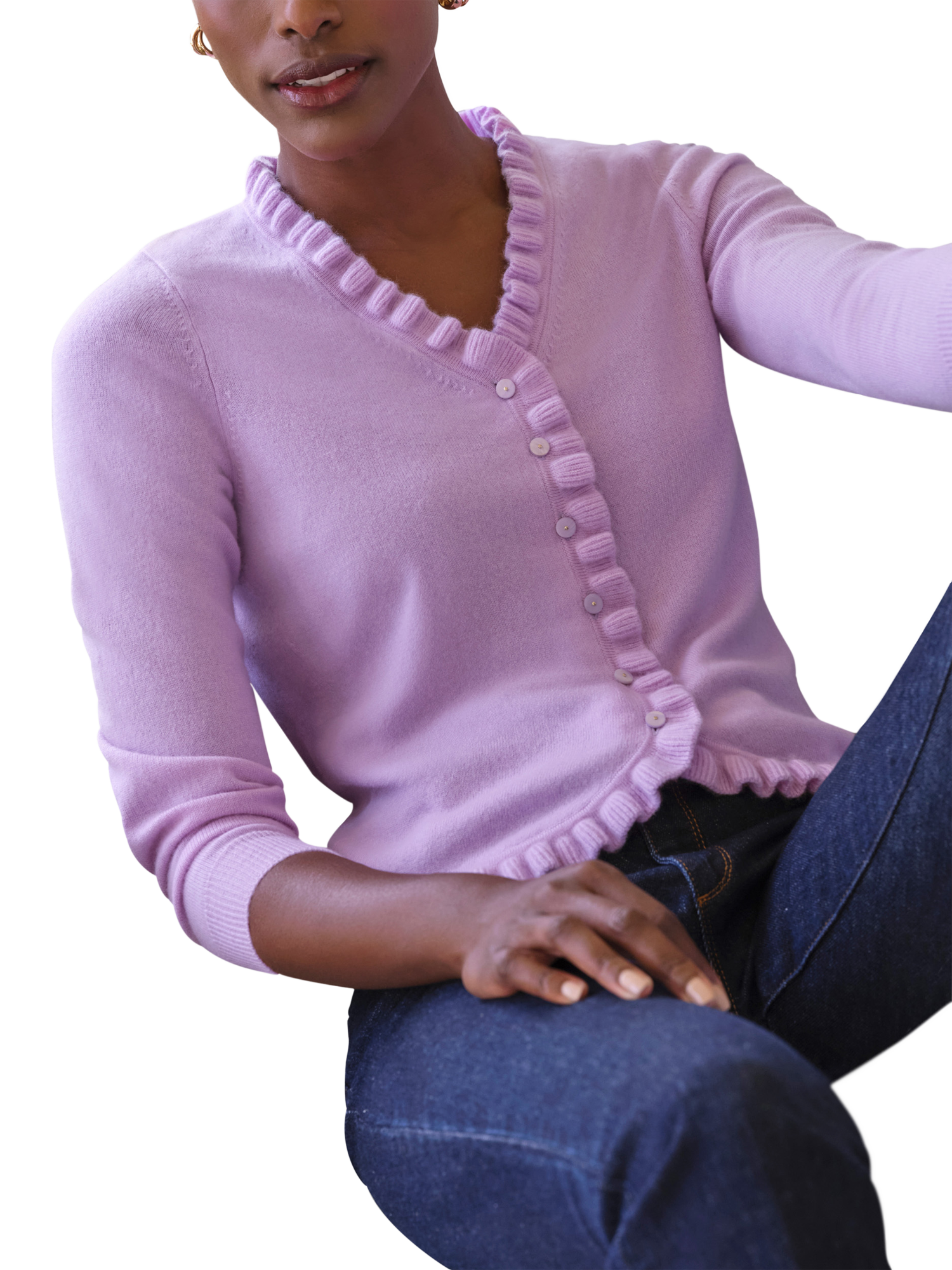Product image 1 of 3, which shows Pure Collection Cashmere Ruffle Cardigan, Lilac Purple, 8