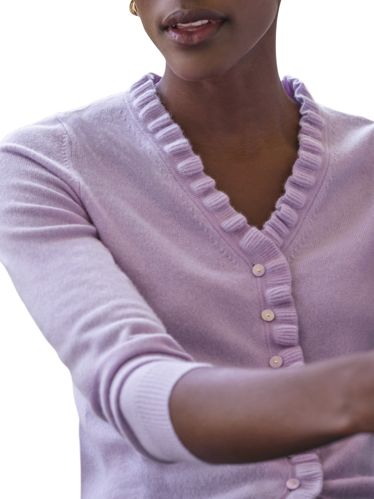 Product image 2 of 3, which shows Pure Collection Cashmere Ruffle Cardigan, Lilac Purple, 8