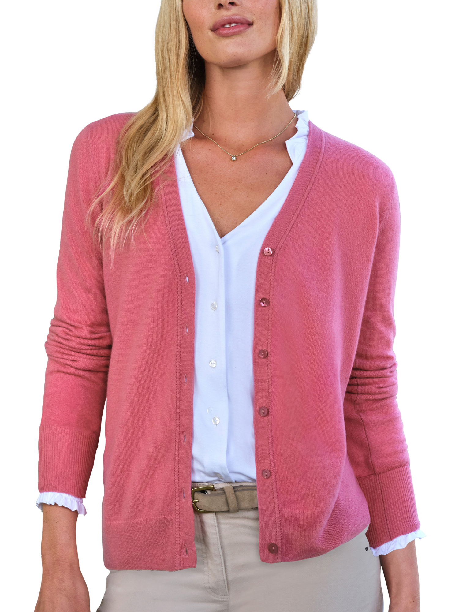 Product image 1 of 3, which shows Pure Collection V-Neck Cashmere Cardigan, Pink, 8