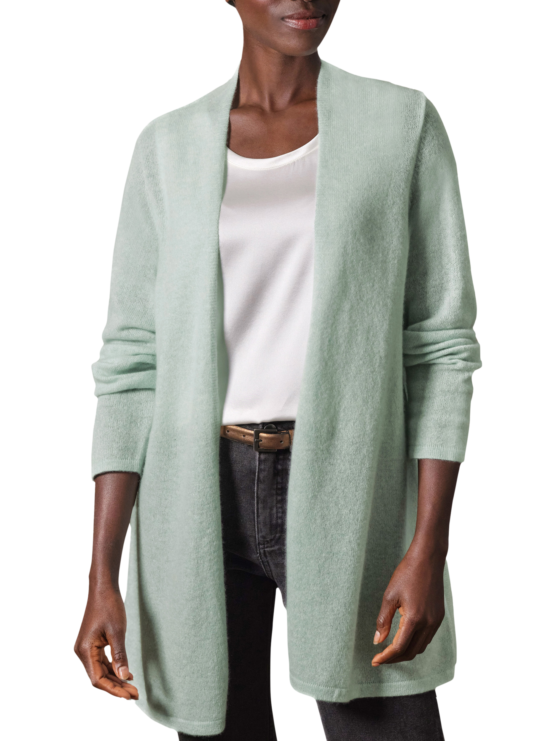 Product image 1 of 3, which shows Pure Collection Gassato Swing Pure Cashmere Cardigan, Willow Green, S