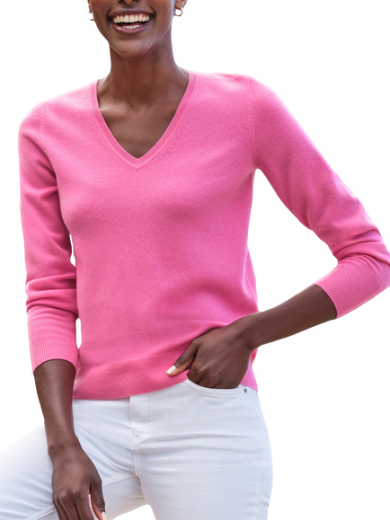 Pure Collection V-Neck Pure Cashmere Jumper, Pink Camellia