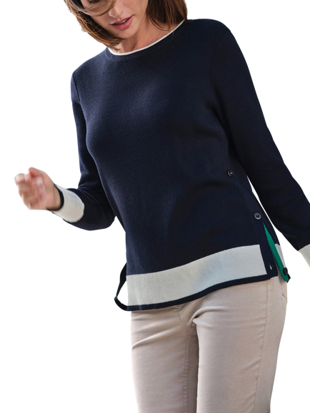 Pure Collection Tipped High Neck Jumper, Navy/White, Navy/White