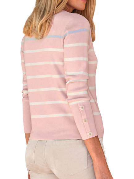 Pure Collection Stripe Button Cuff Wool Blend Jumper, Candy/Ivory - view 2, Candy/Ivory