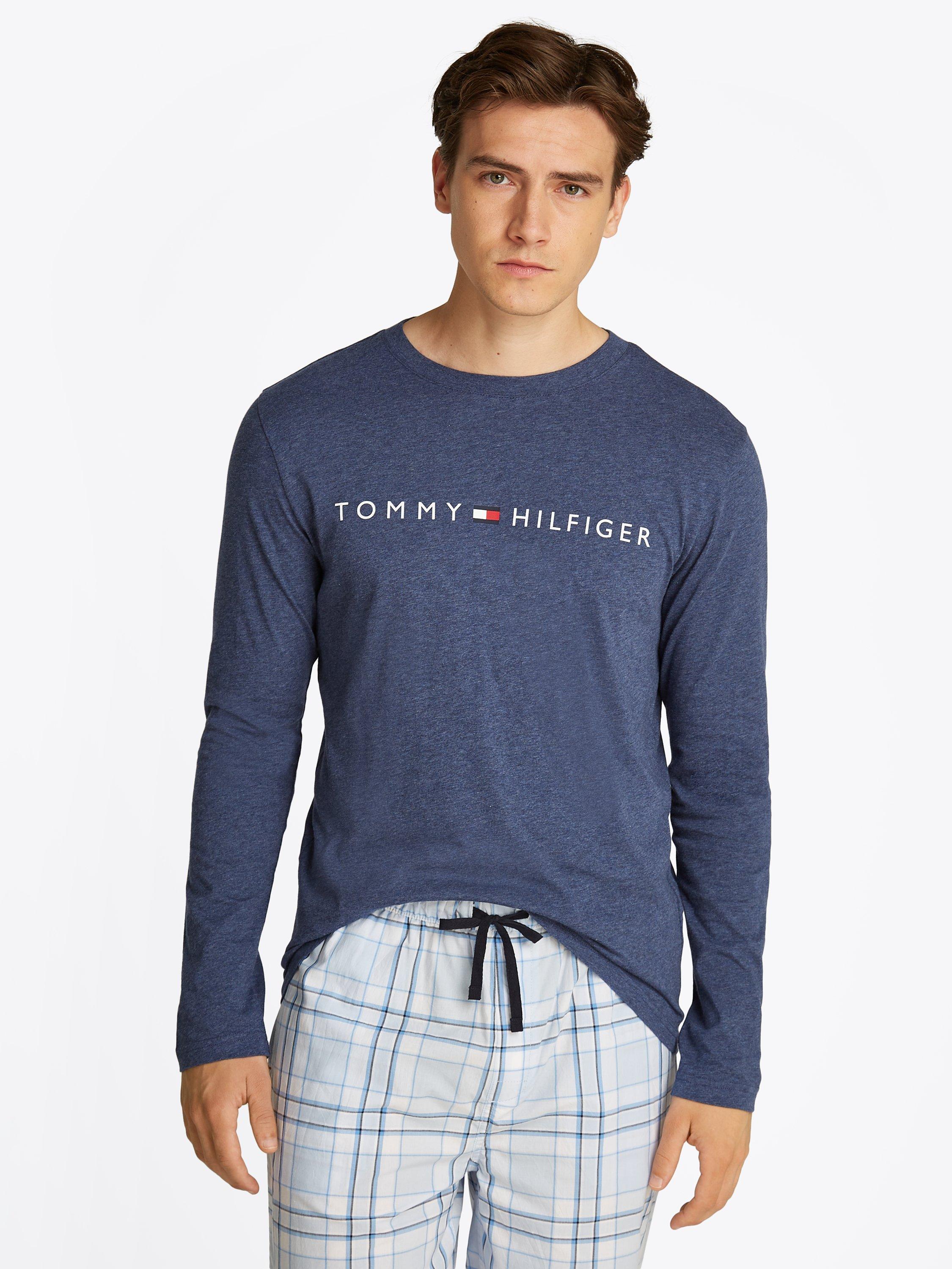 Product image 1 of 5, which shows Tommy Hilfiger Cotton Logo Long Sleeve Pyjama Top, Blue, S