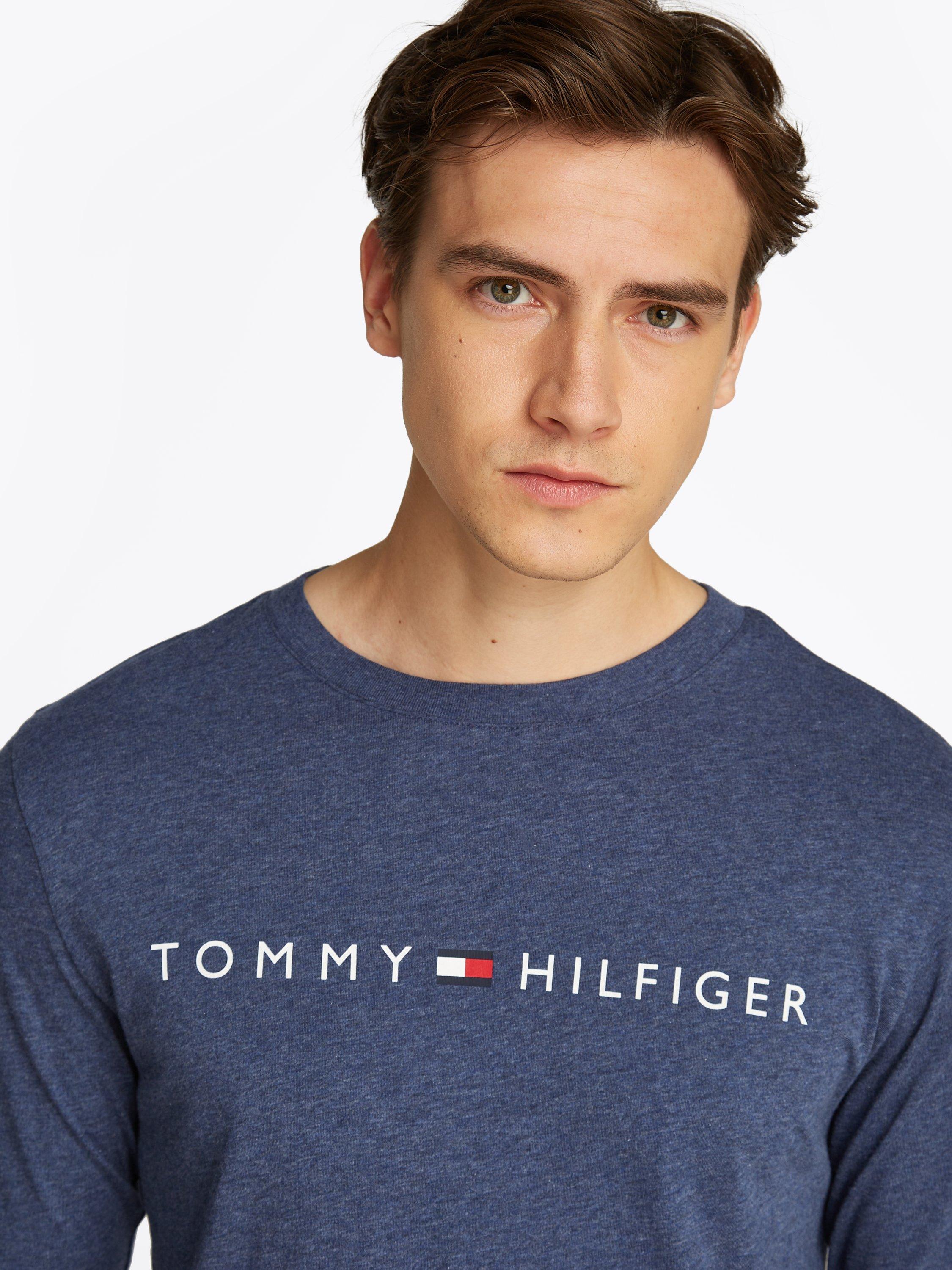 Product image 4 of 5, which shows Tommy Hilfiger Cotton Logo Long Sleeve Pyjama Top, Blue, S