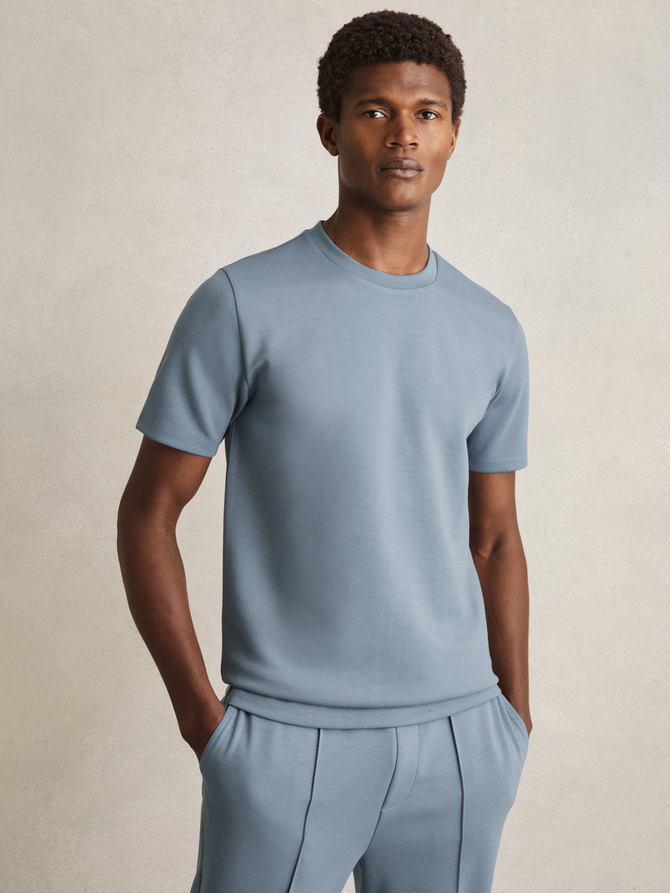 Product image 1 of 5, which shows Reiss Bradley Short Sleeve Interlock Crew T-Shirt, Airforce Blue, XS