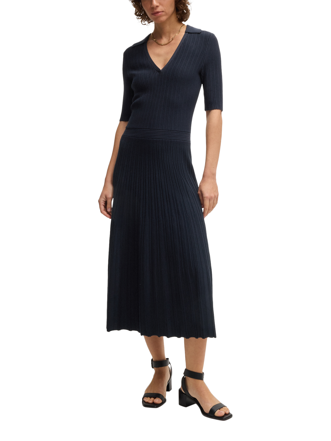 Product image 1 of 6, which shows BOSS Fracie Ribbed Jersey Dress, Dark Blue, S