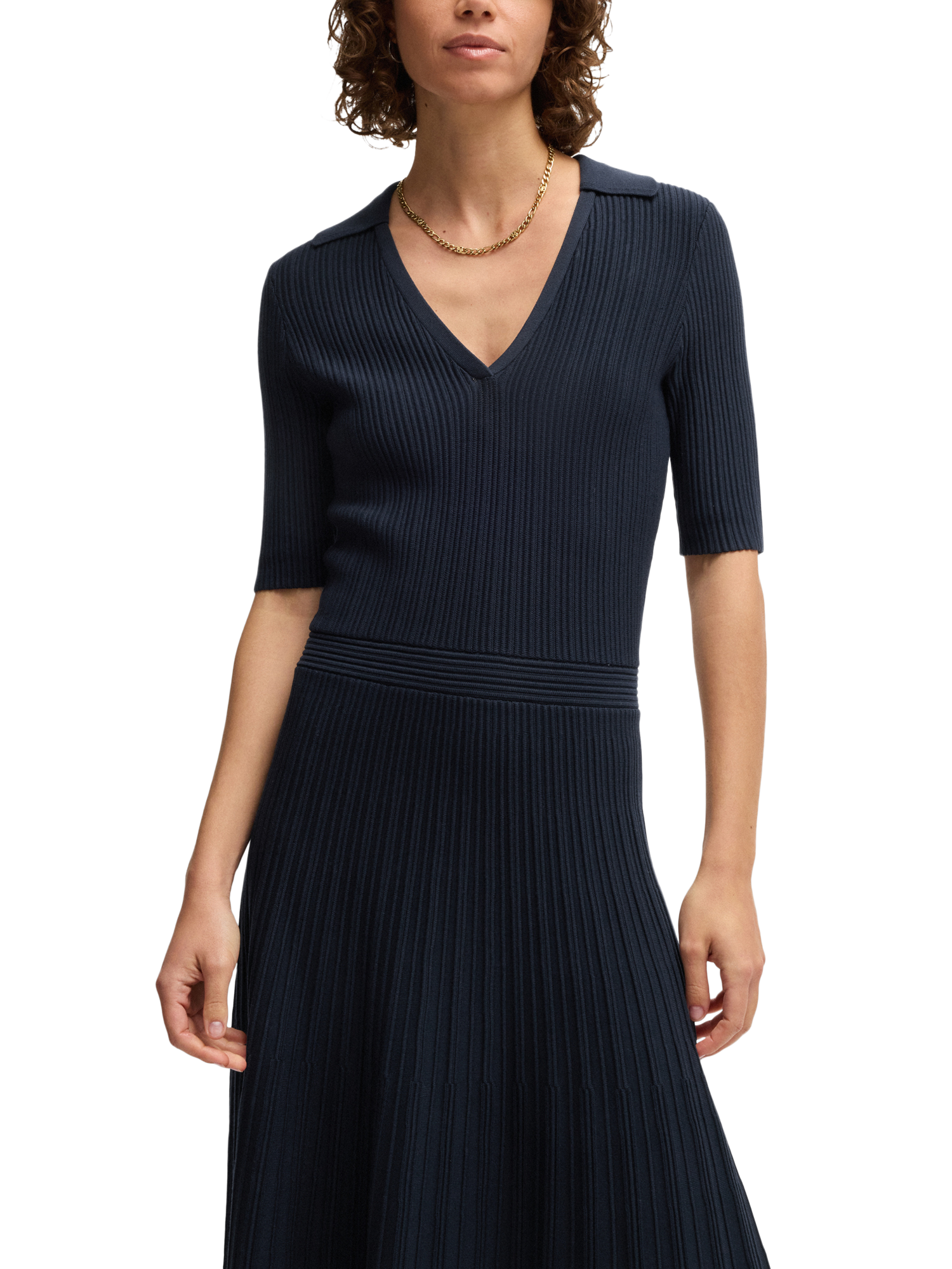 Product image 6 of 6, which shows BOSS Fracie Ribbed Jersey Dress, Dark Blue, S
