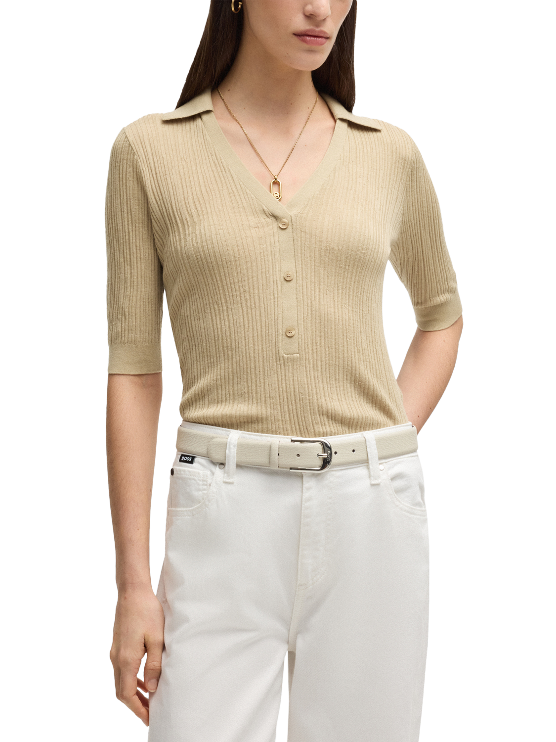 Product image 1 of 5, which shows BOSS Fabyni Pure Wool Polo Shirt, Beige, L