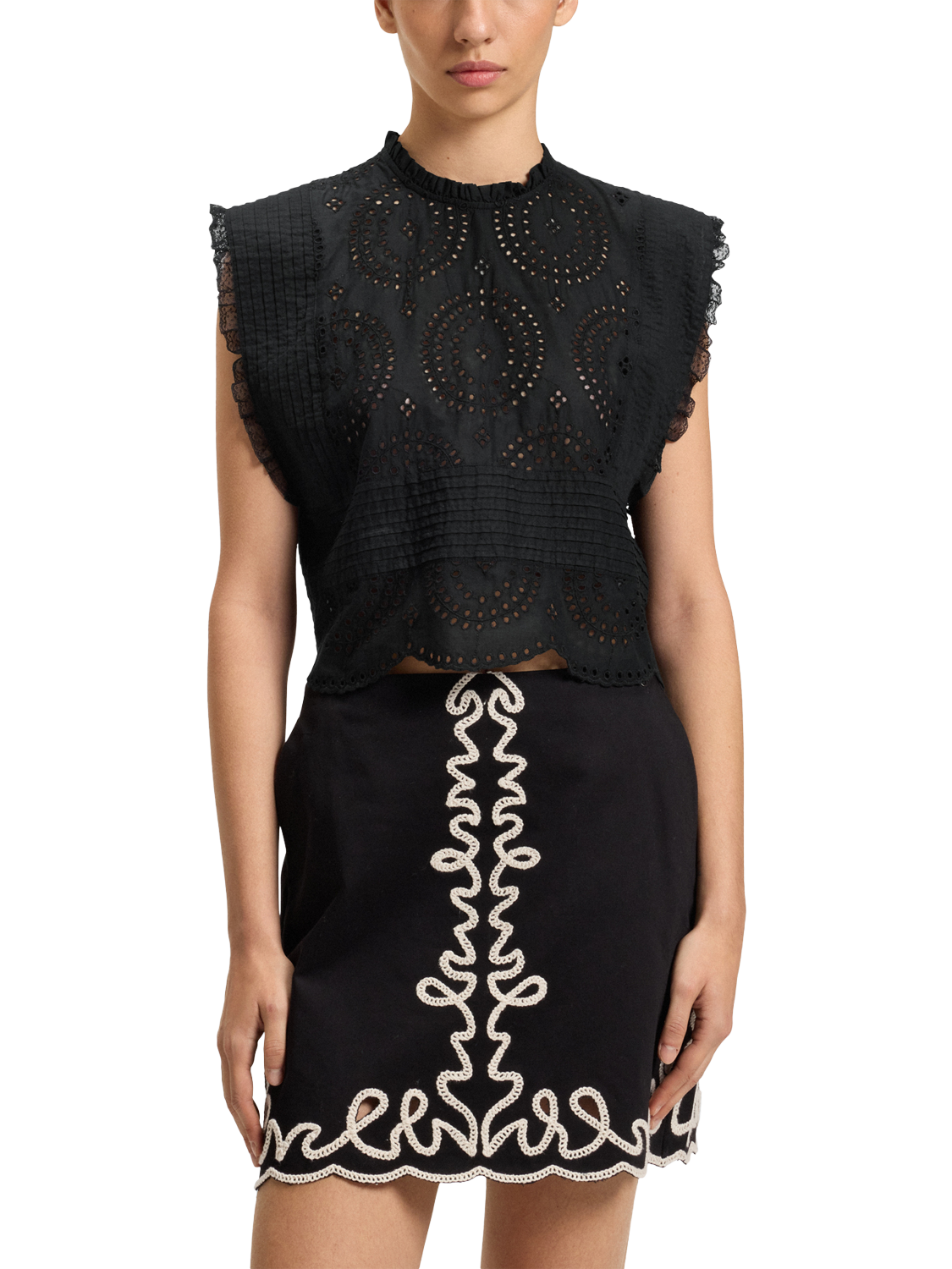 Product image 1 of 6, which shows BOSS Brady Broderie Anglaise Crop Top, Black, 8