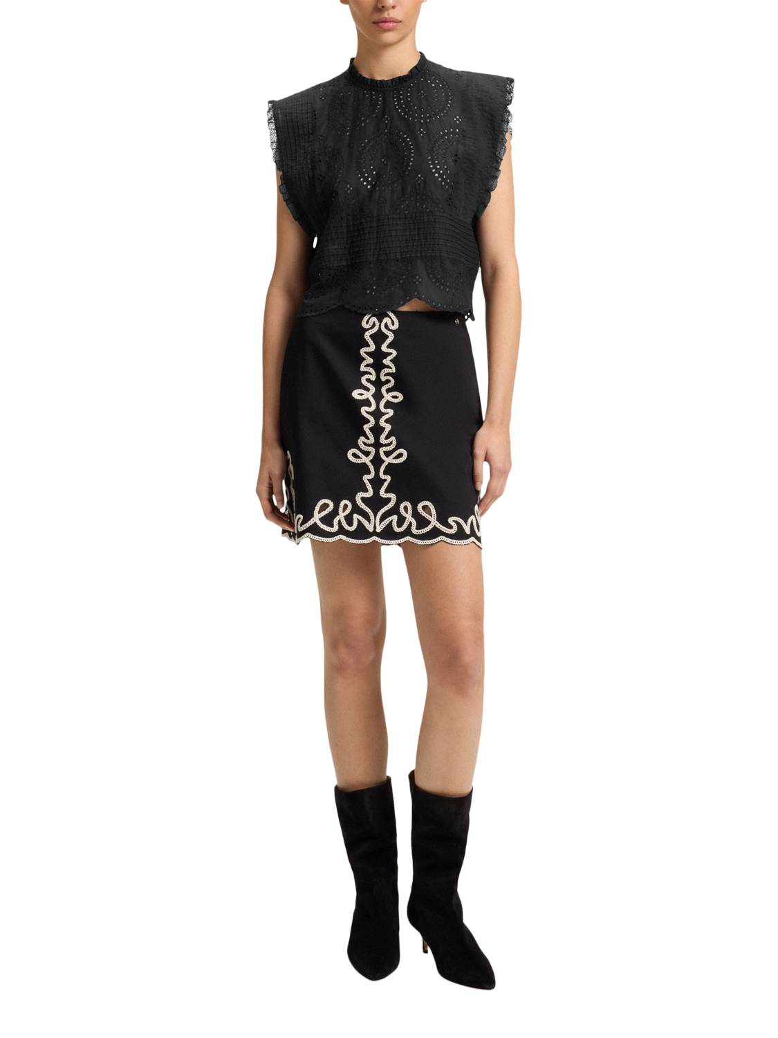 Product image 3 of 6, which shows BOSS Brady Broderie Anglaise Crop Top, Black, 8