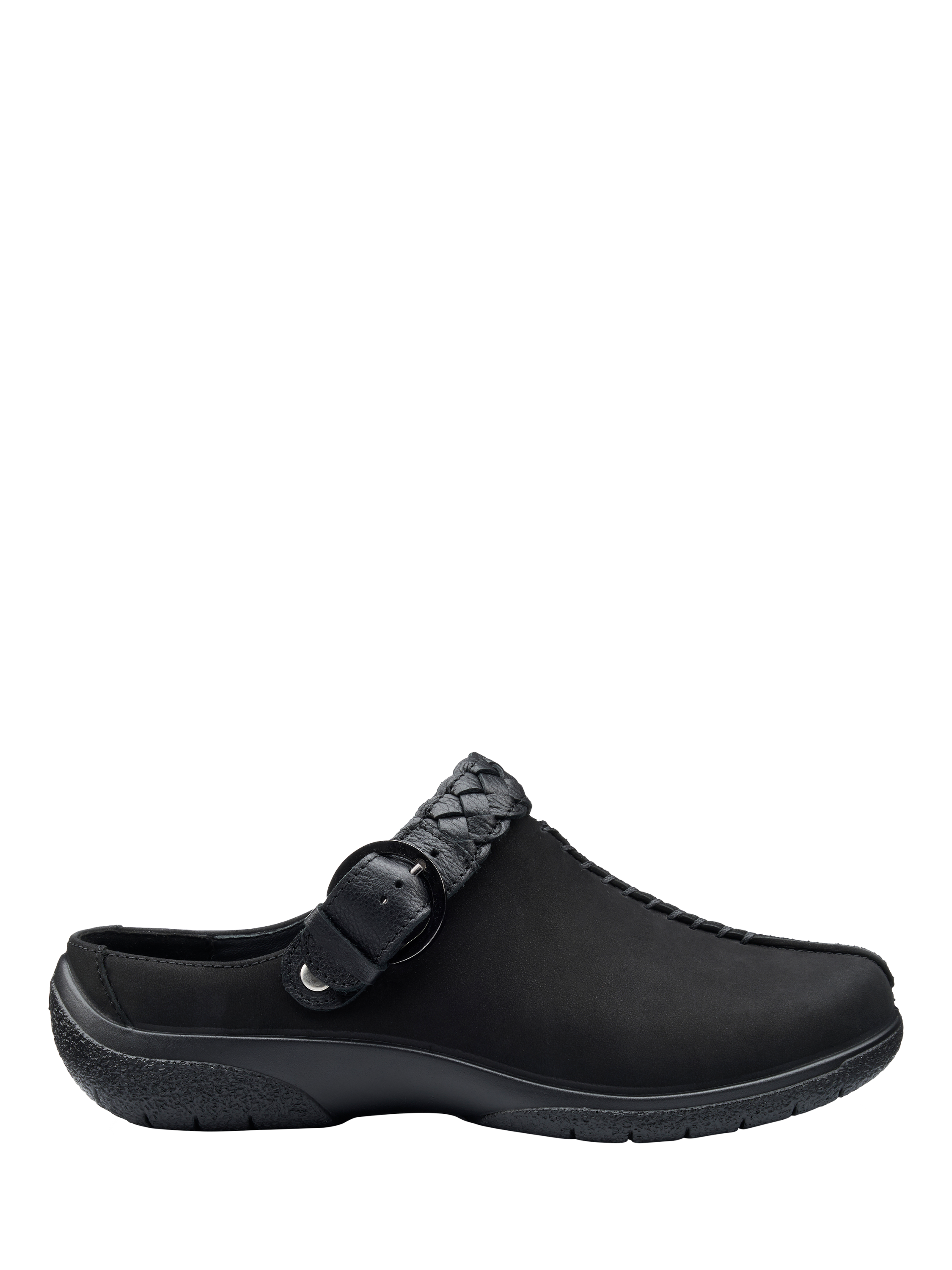 Product image 1 of 4, which shows Hotter Magical Wide Fit Nubuck Leather Clogs, Black, 3W