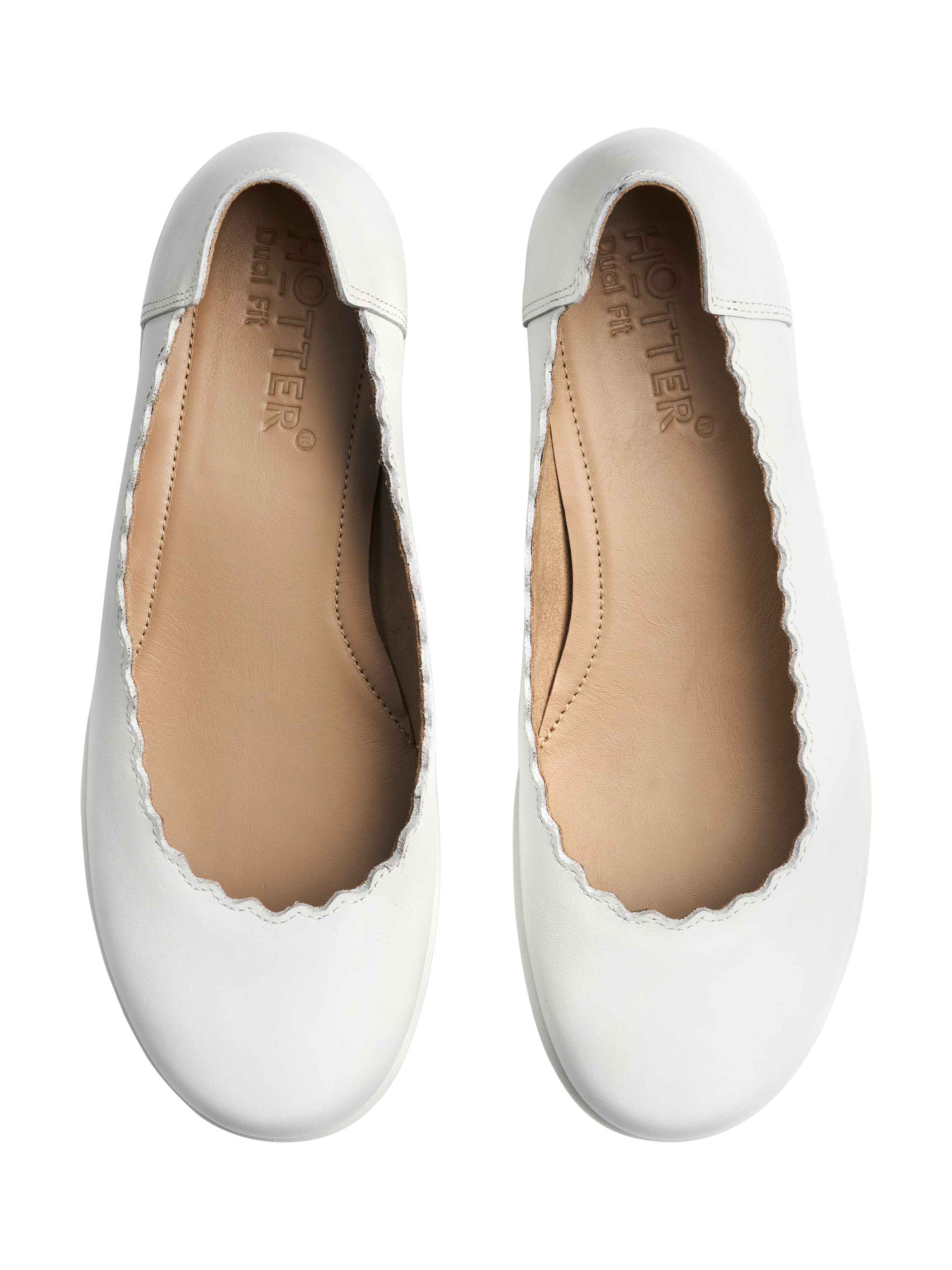 Product image 3 of 4, which shows Hotter Eider Wide Fit Leather Scallop Ballerina Pumps, White, 3W