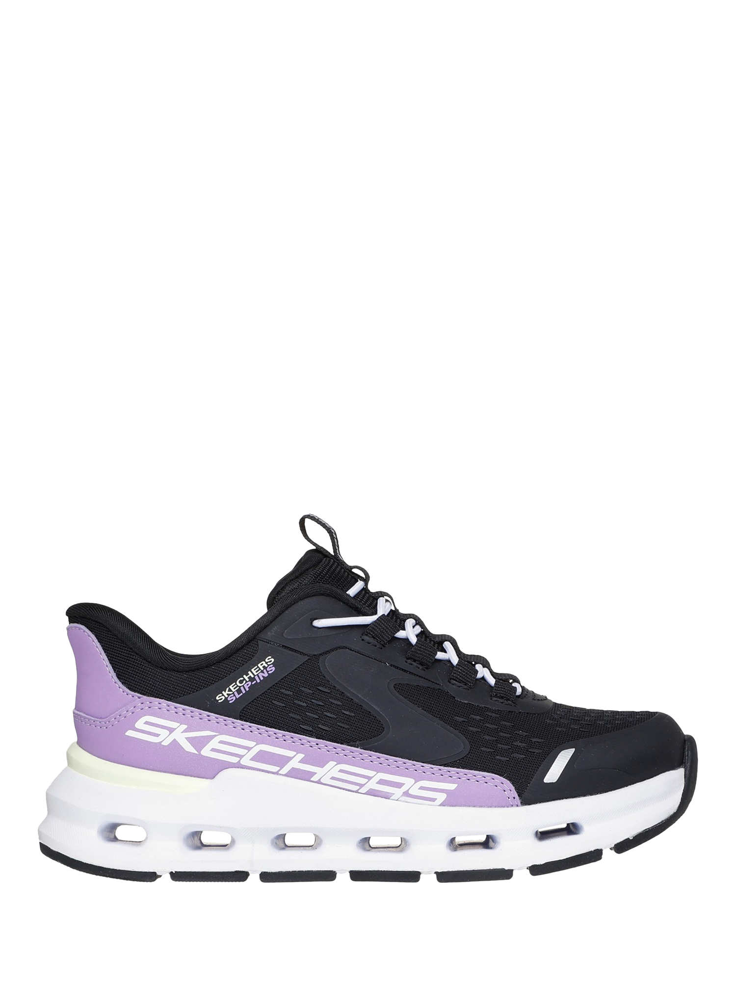 Product image 1 of 4, which shows Skechers Kids' Glide-Step Vista Lane Trainers, Black/Purple, 1.5