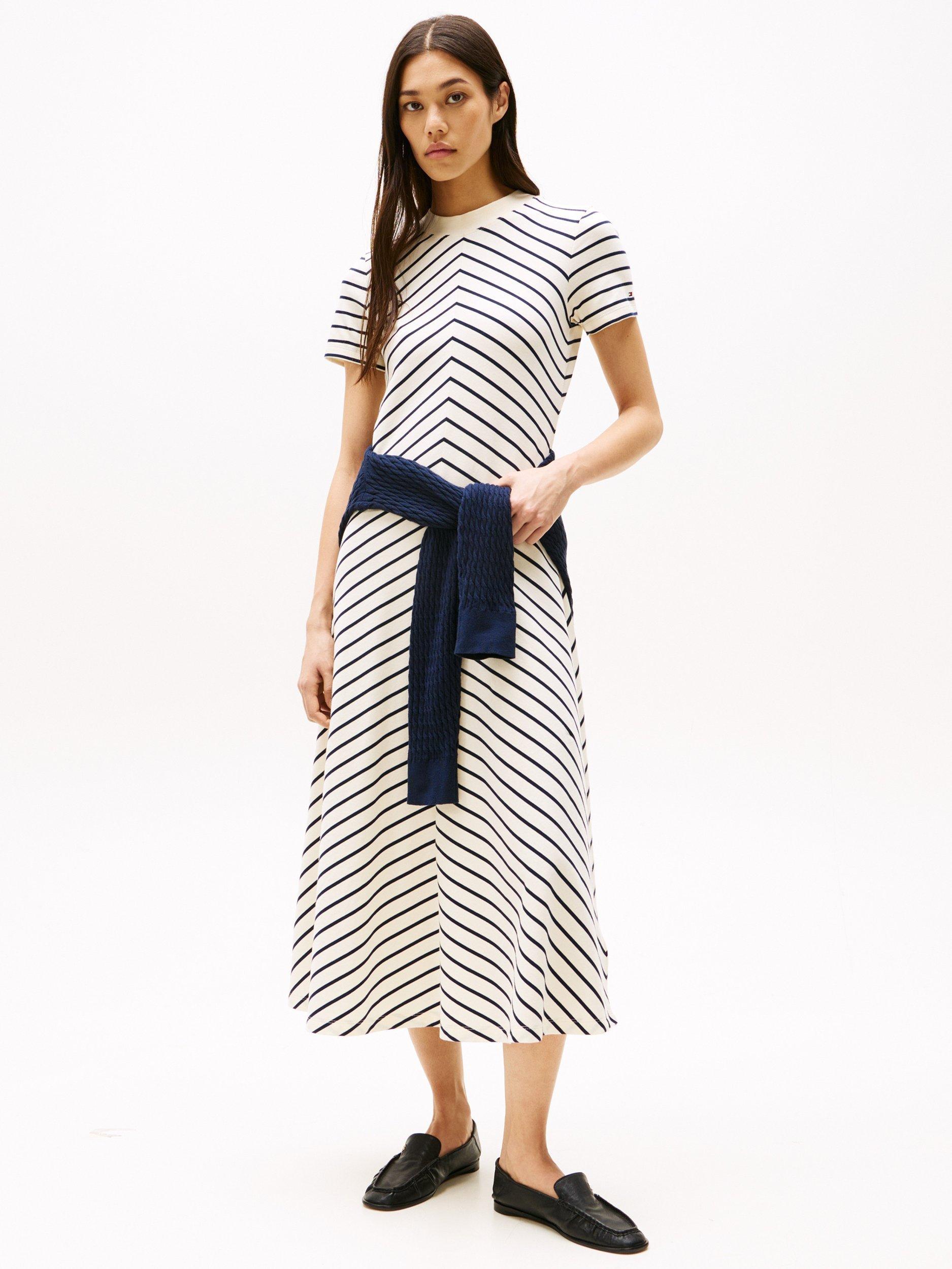 Product image 1 of 6, which shows Tommy Hilfiger Modern Chevron Stripe T-Shirt Dress, Ecru/Black, XS