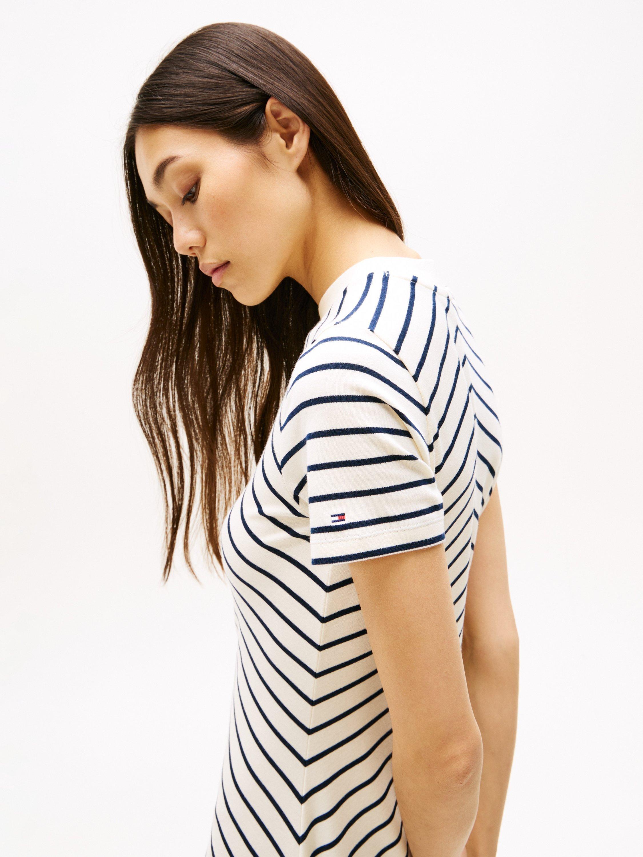 Product image 5 of 6, which shows Tommy Hilfiger Modern Chevron Stripe T-Shirt Dress, Ecru/Black, XS