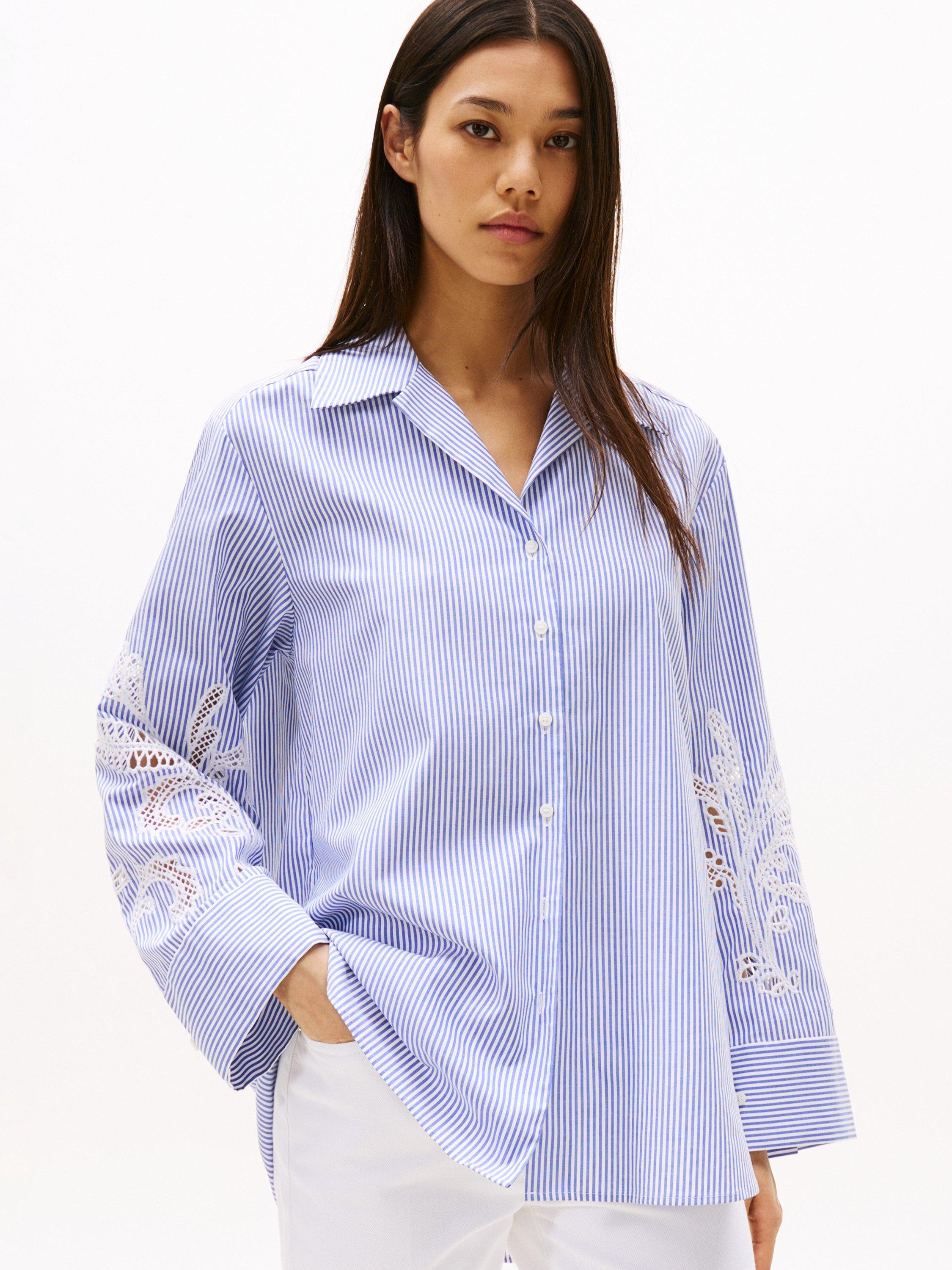 Product image 1 of 7, which shows Tommy Hilfiger Broderie Anglaise Striped Cotton Shirt, Blue/Multi, 8