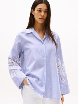 Tommy Hilfiger Broderie Anglaise Striped Cotton Shirt, Blue/Multi, Blue/Multi