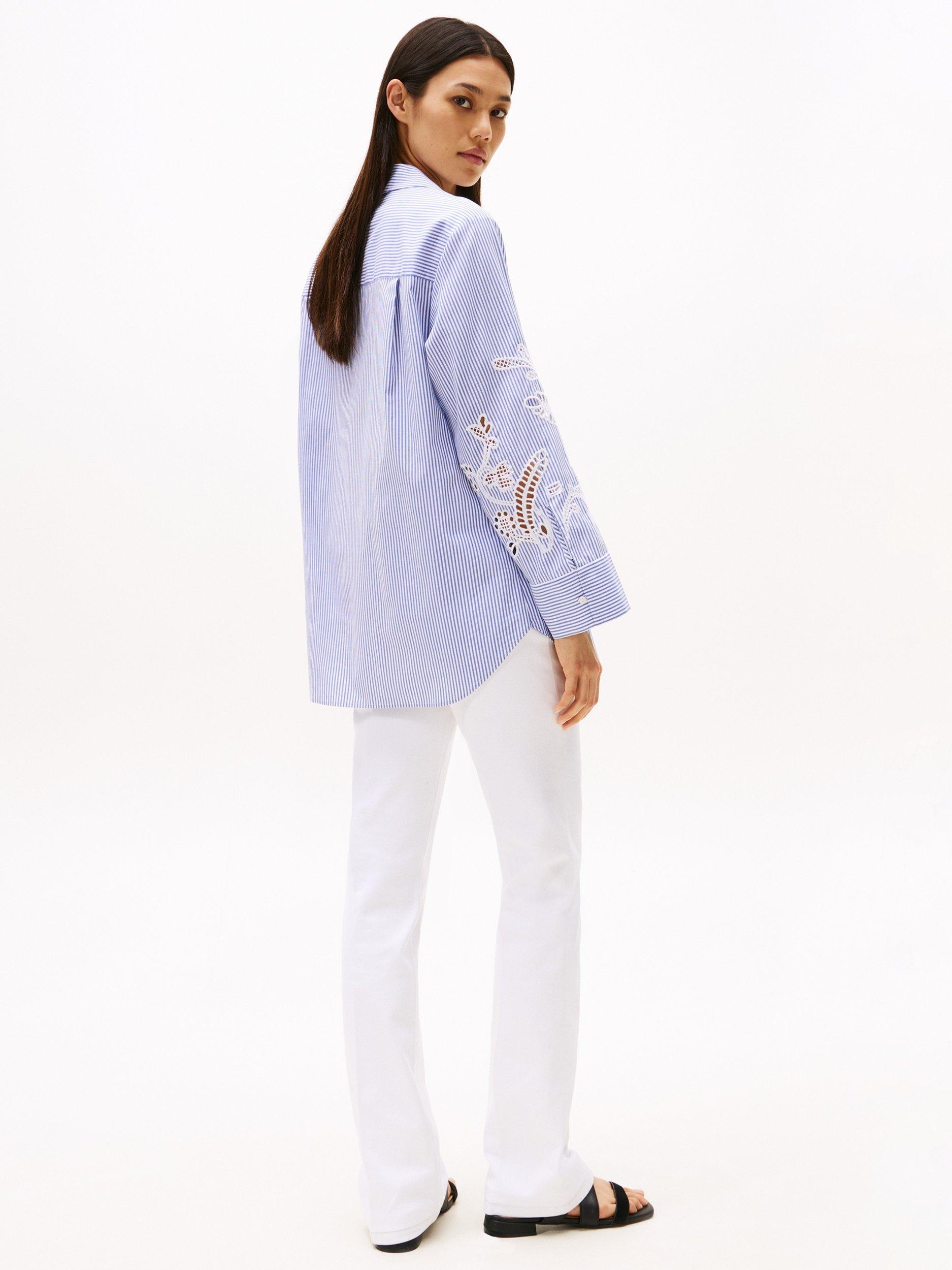 Product image 2 of 7, which shows Tommy Hilfiger Broderie Anglaise Striped Cotton Shirt, Blue/Multi, 8