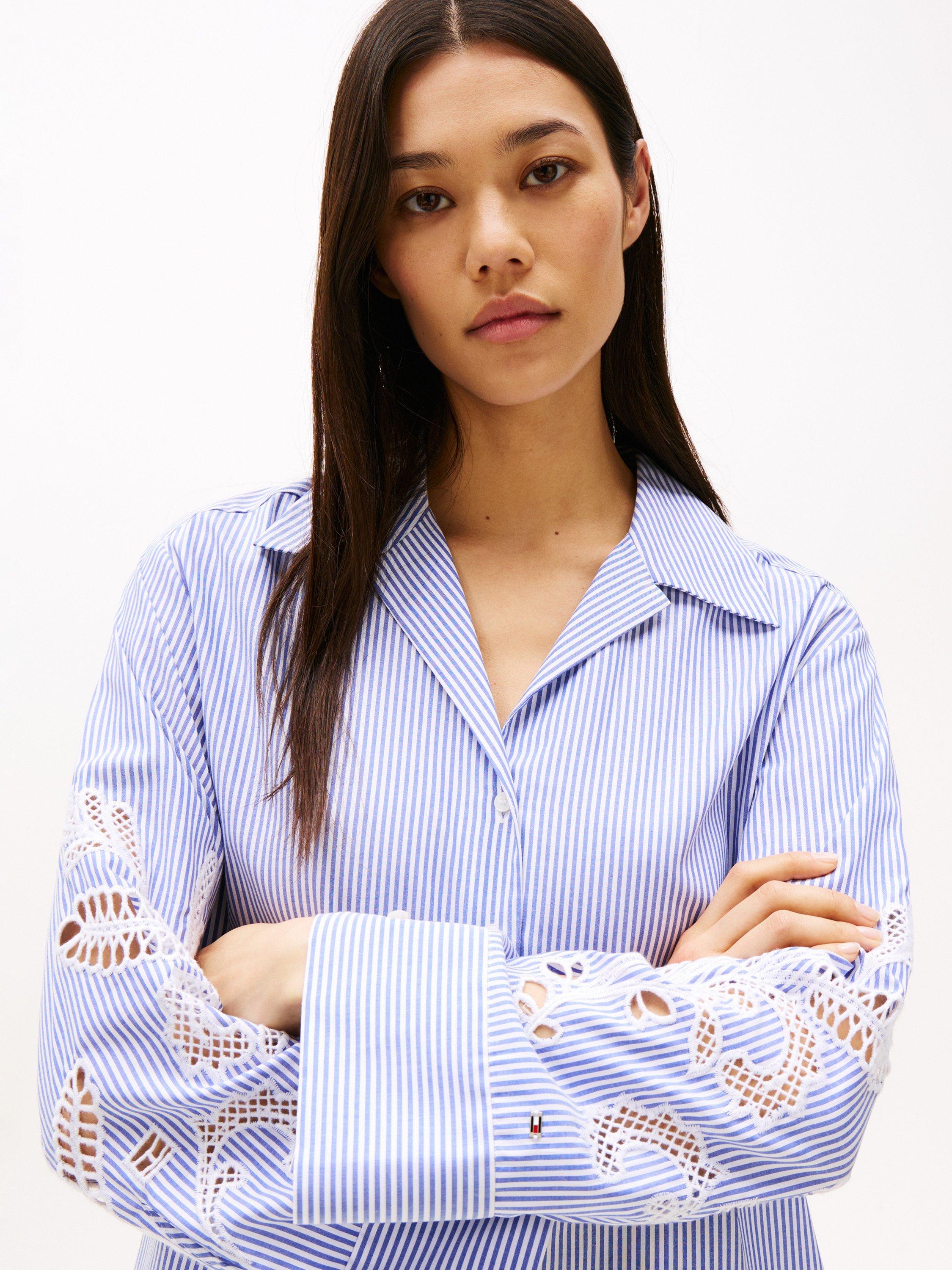 Product image 3 of 7, which shows Tommy Hilfiger Broderie Anglaise Striped Cotton Shirt, Blue/Multi, 8