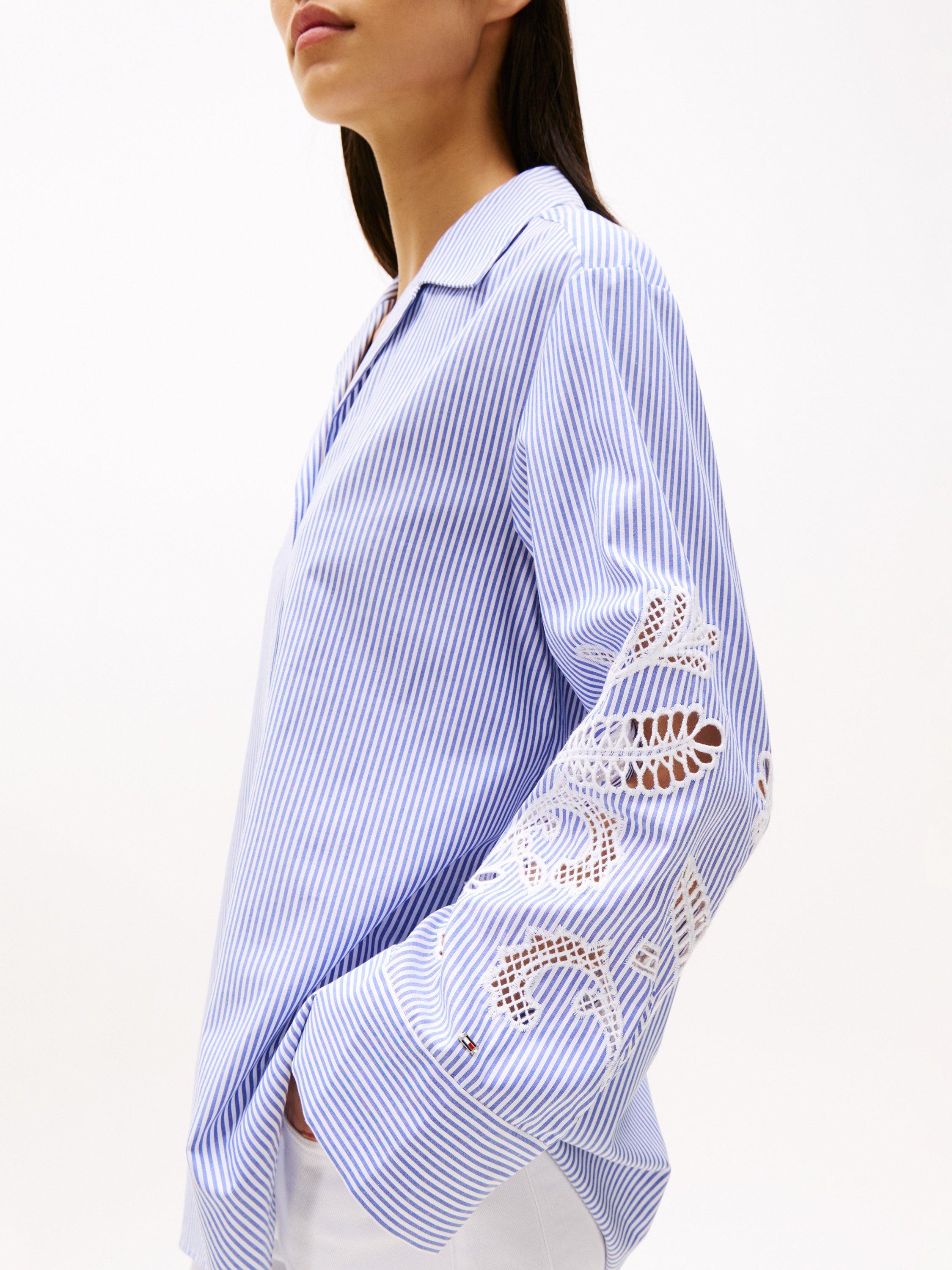 Product image 4 of 7, which shows Tommy Hilfiger Broderie Anglaise Striped Cotton Shirt, Blue/Multi, 8