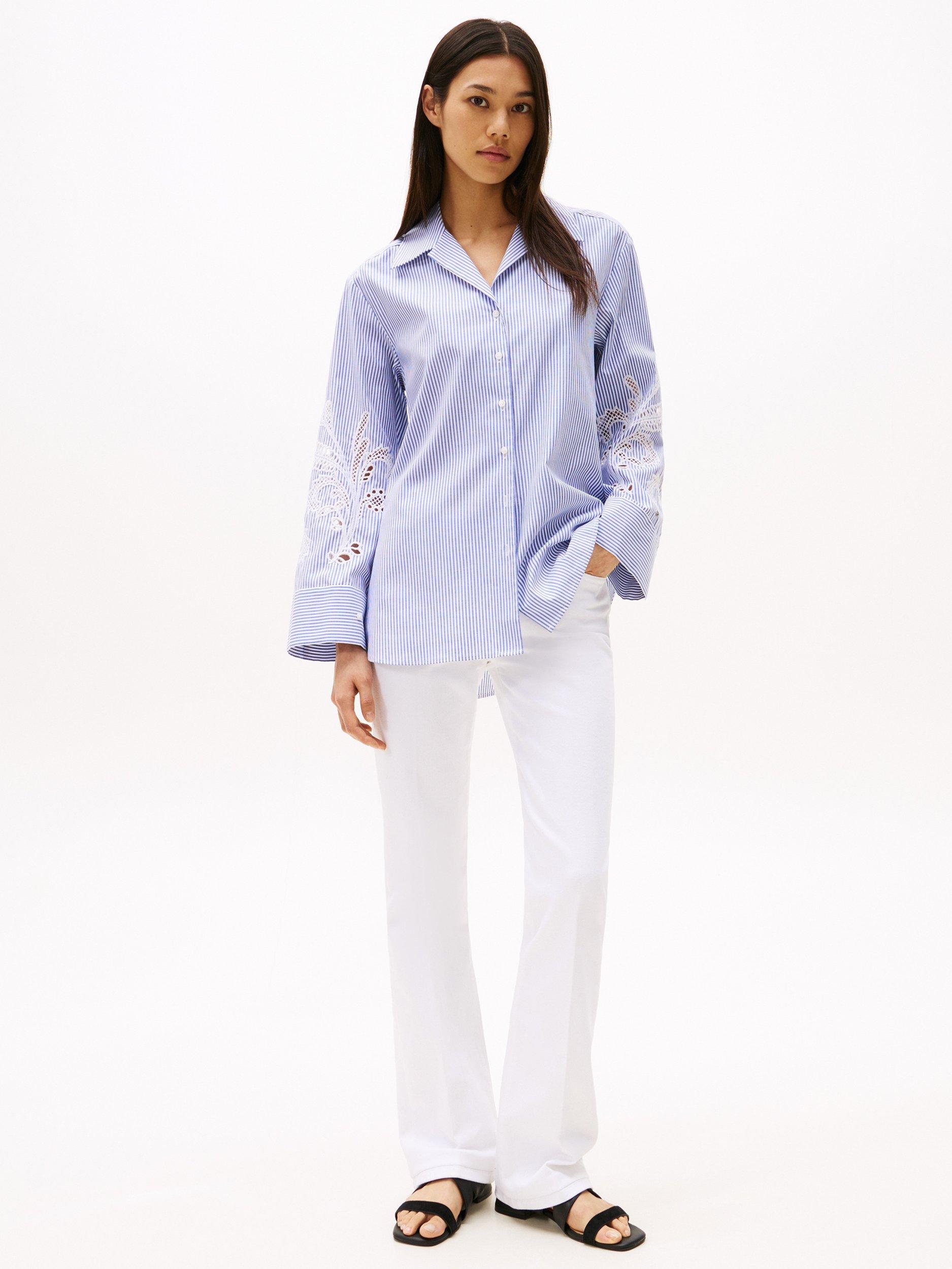 Product image 5 of 7, which shows Tommy Hilfiger Broderie Anglaise Striped Cotton Shirt, Blue/Multi, 8